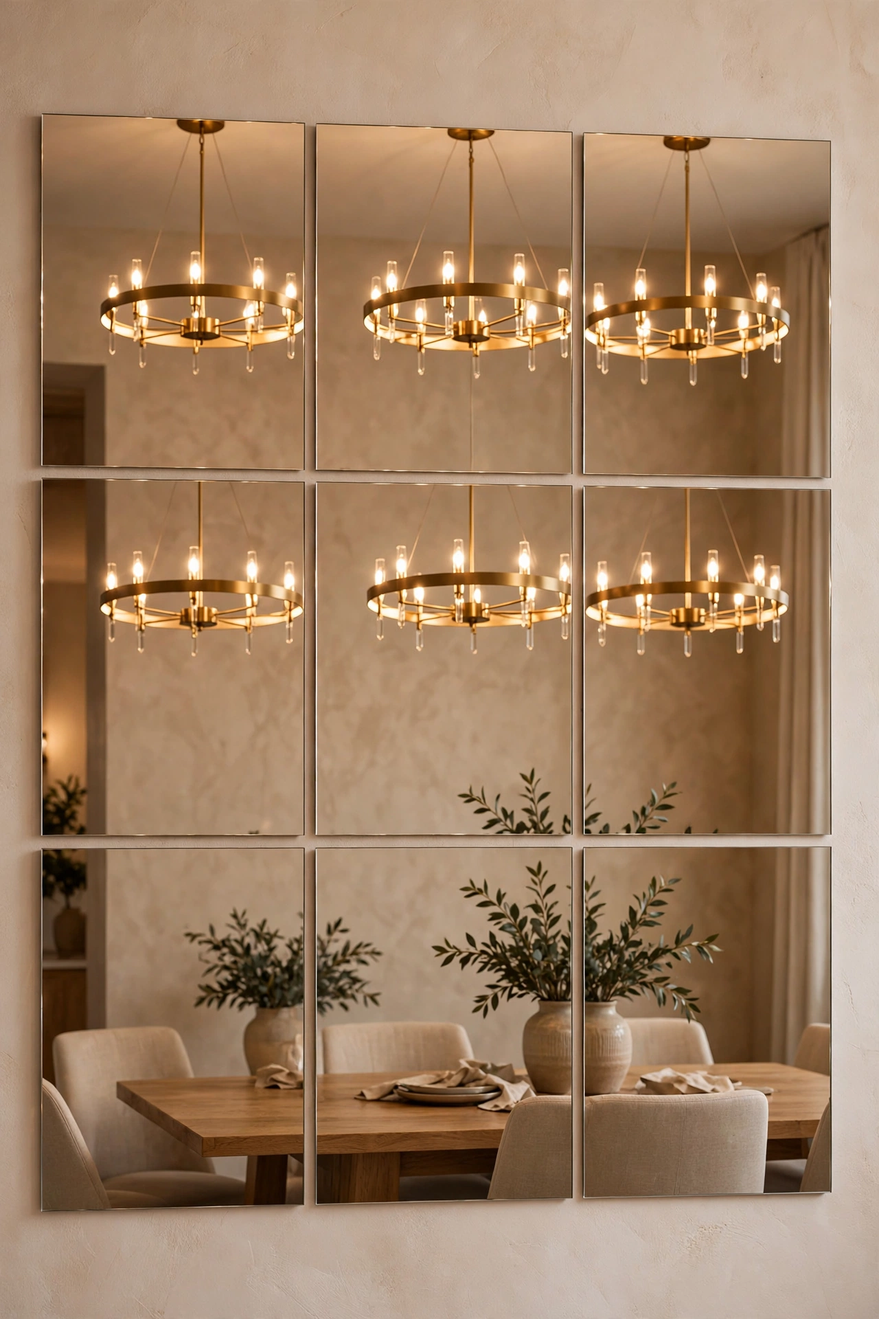 Tight grid of frameless mirror tiles reflecting a chandelier