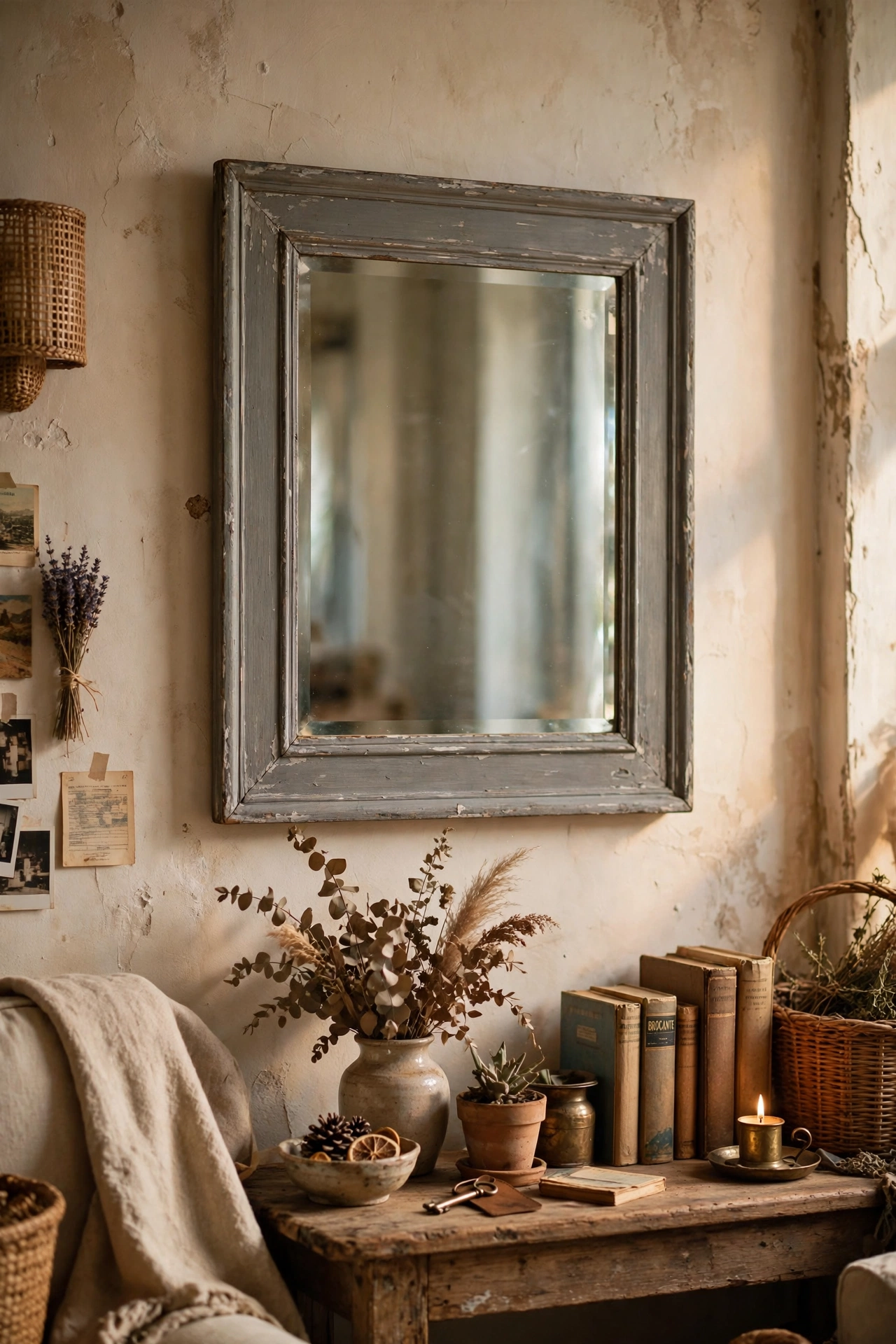 Rectangular mirror with an aged antique-look painted frame