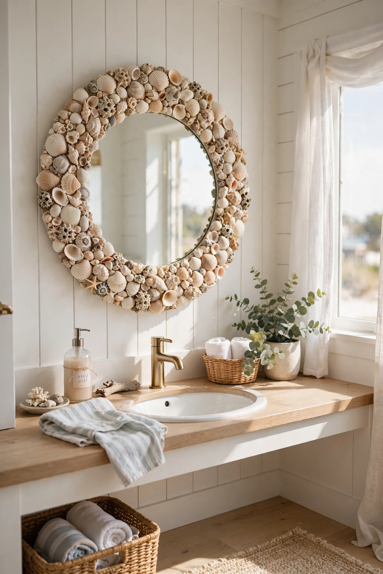 Round mirror with a glued shell frame in a bathroom