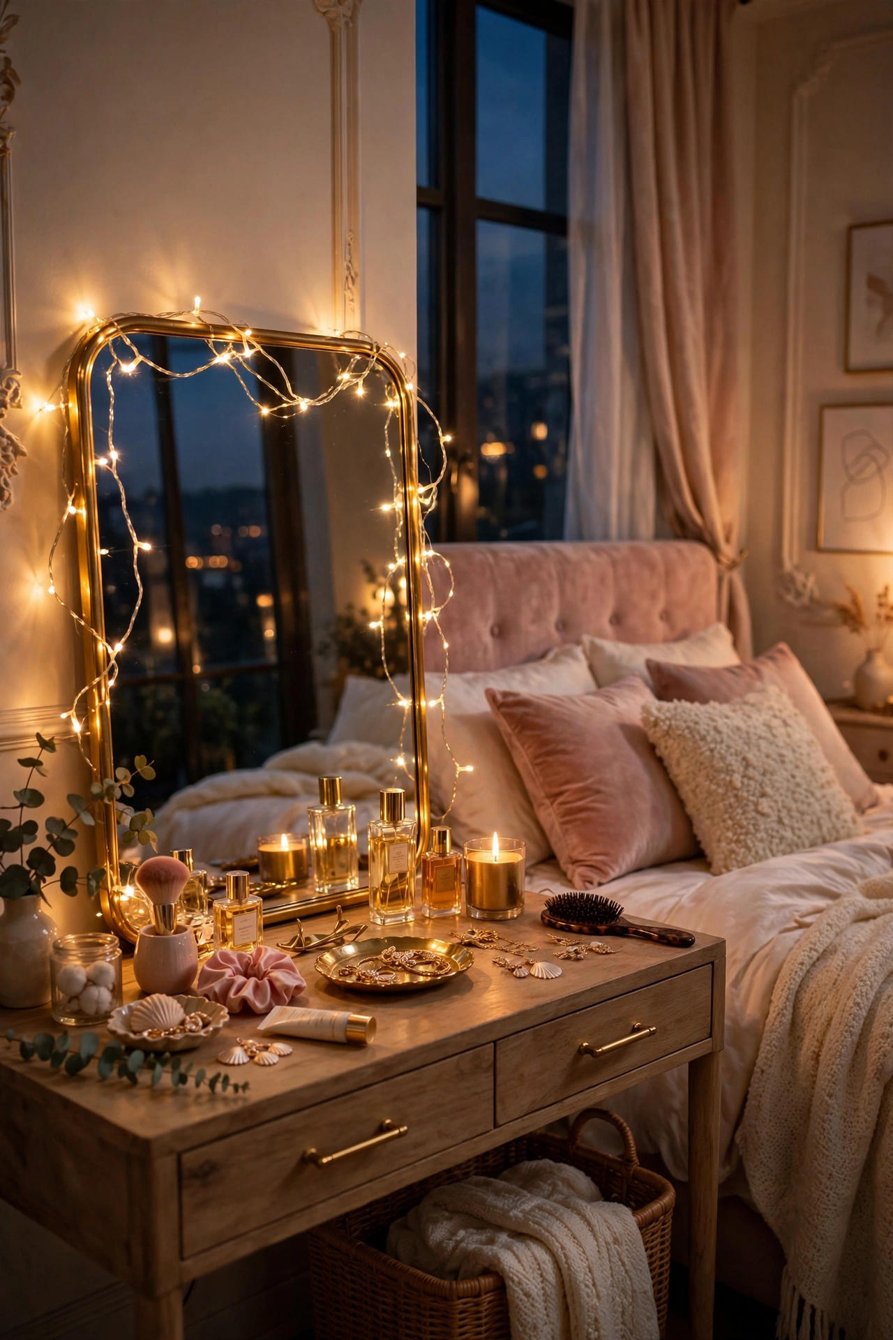 Dressing table mirror with warm fairy lights draped around the frame