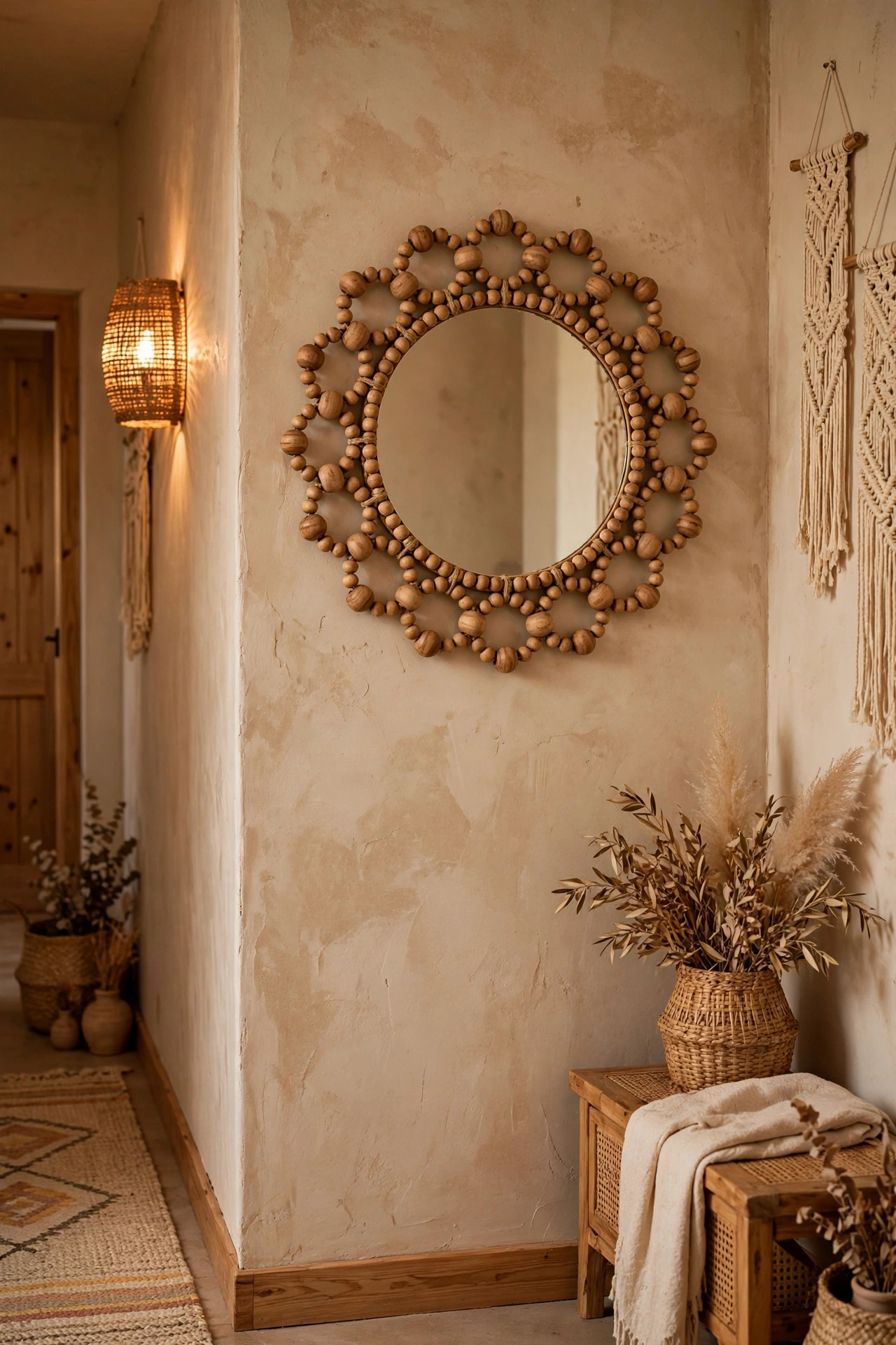 Round mirror with a wooden bead frame in a hallway