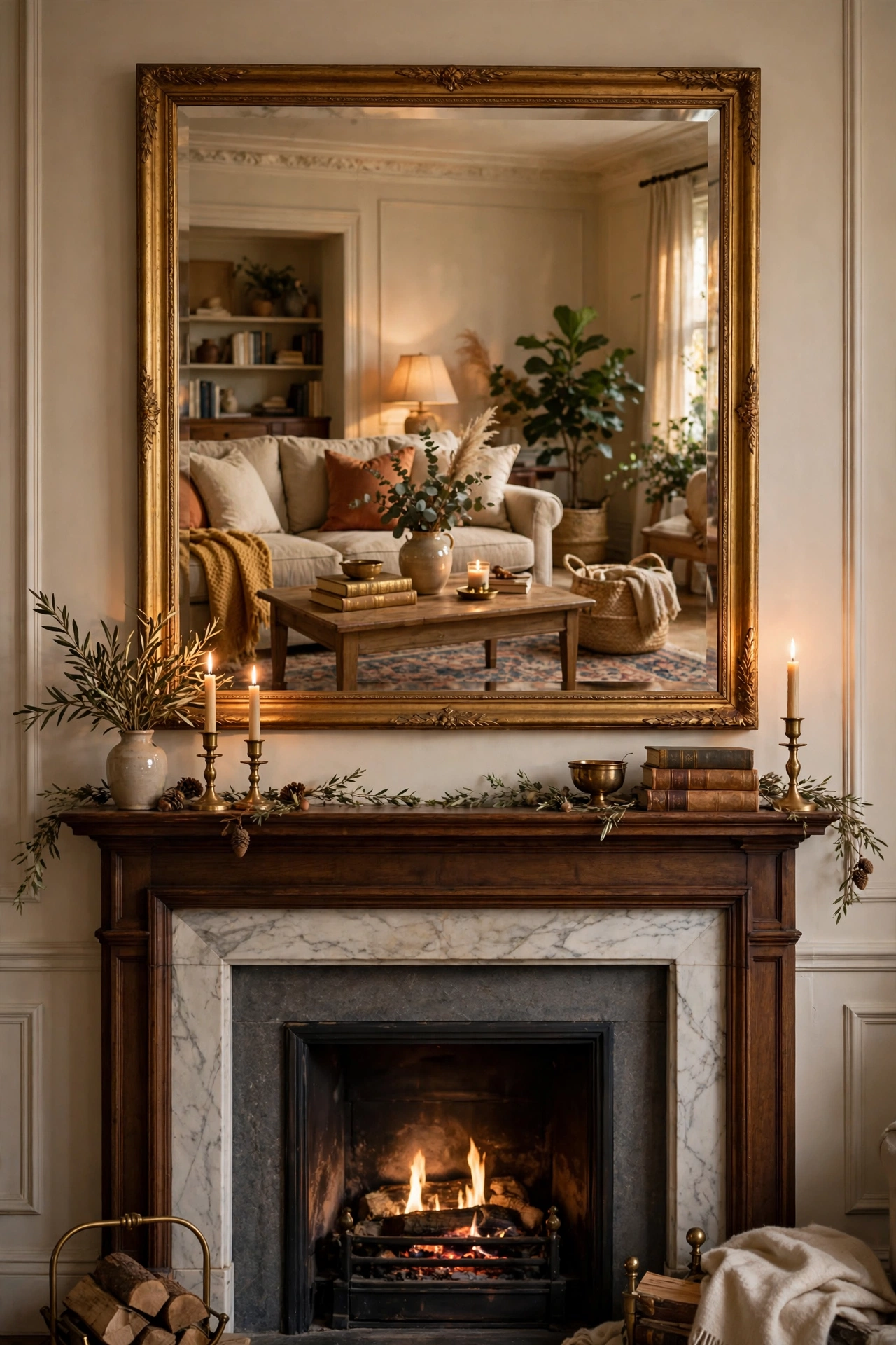 Large mirror centred above a fireplace mantel