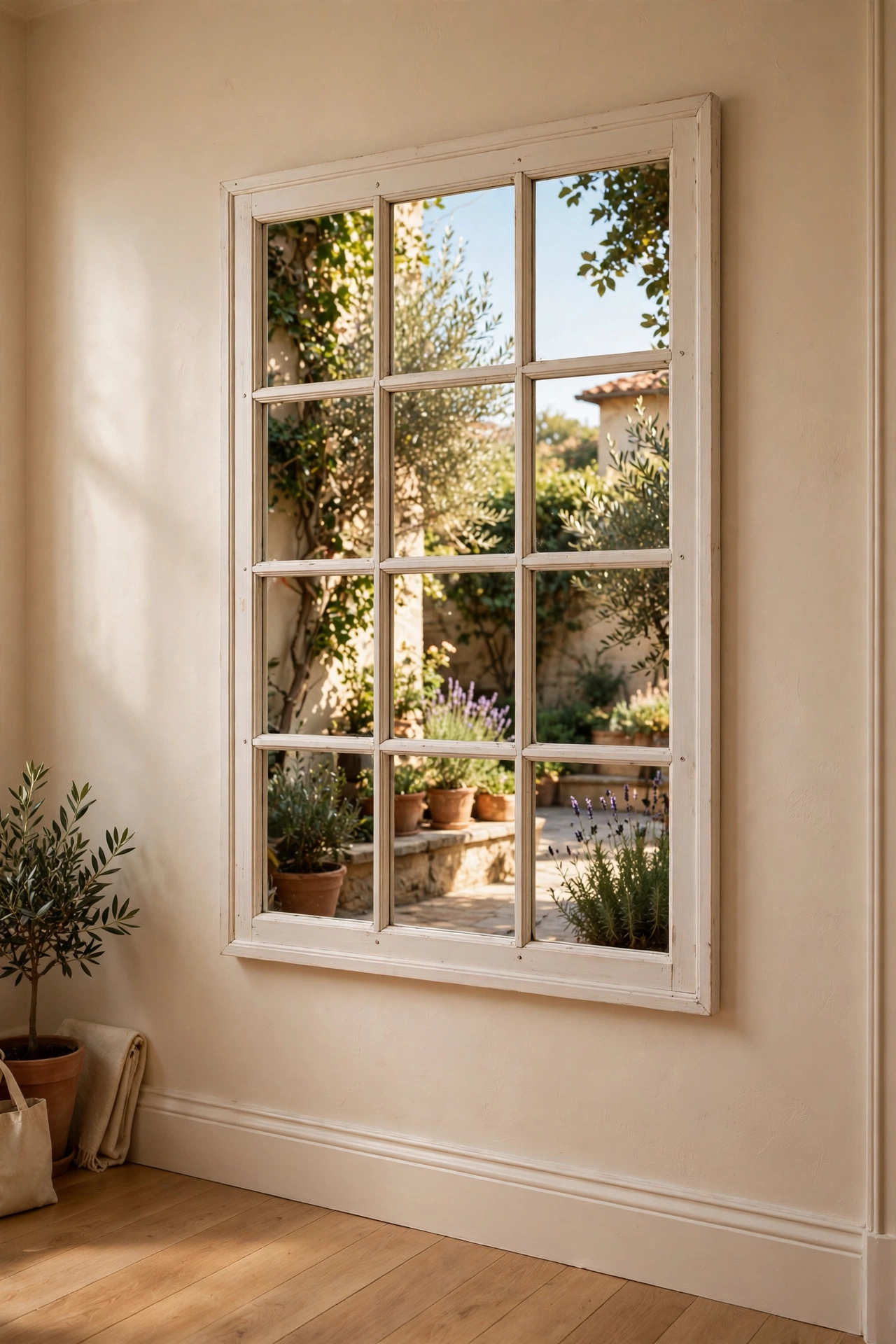 Faux window mirror with white trim panes on a hallway wall