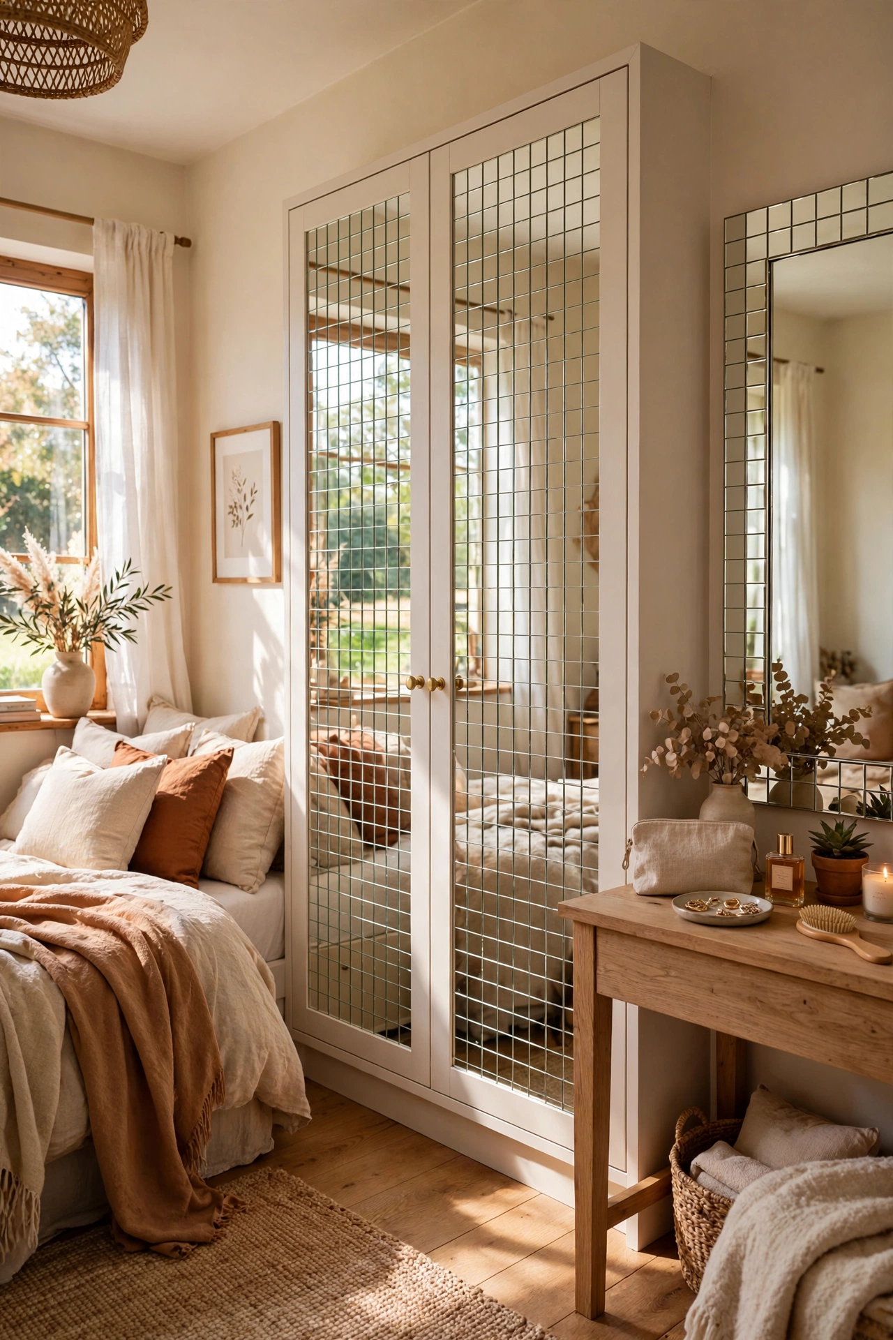 Wardrobe door panels covered in mirror tiles