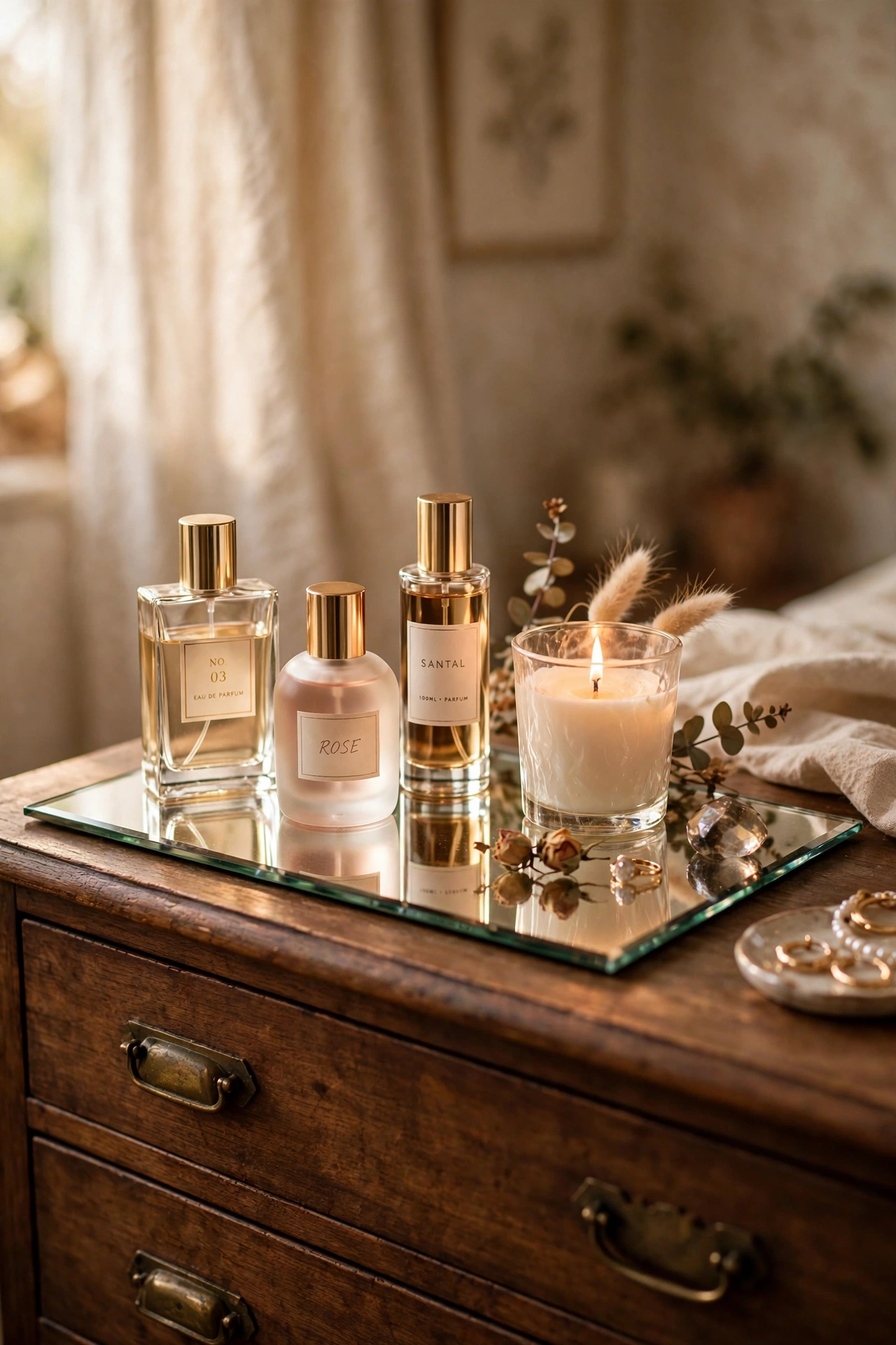 Mirrored tray with perfume bottles on a dresser