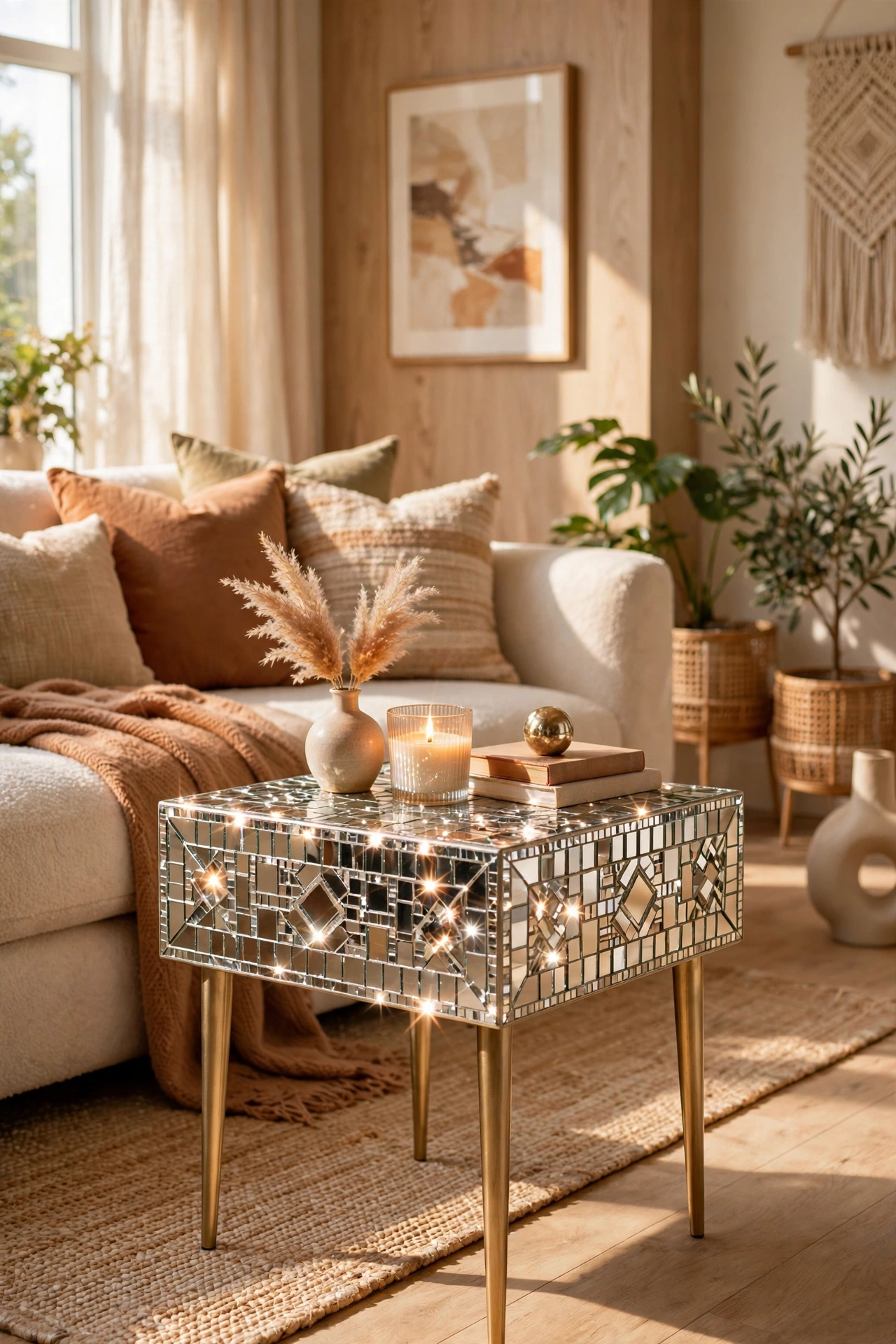 Side table top covered in a mirror tile mosaic
