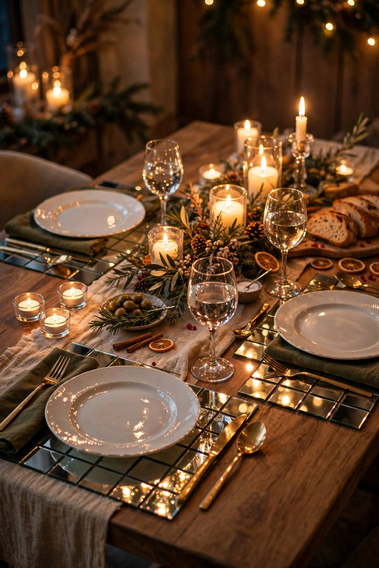 Dinner table set with mirror tile chargers under plates