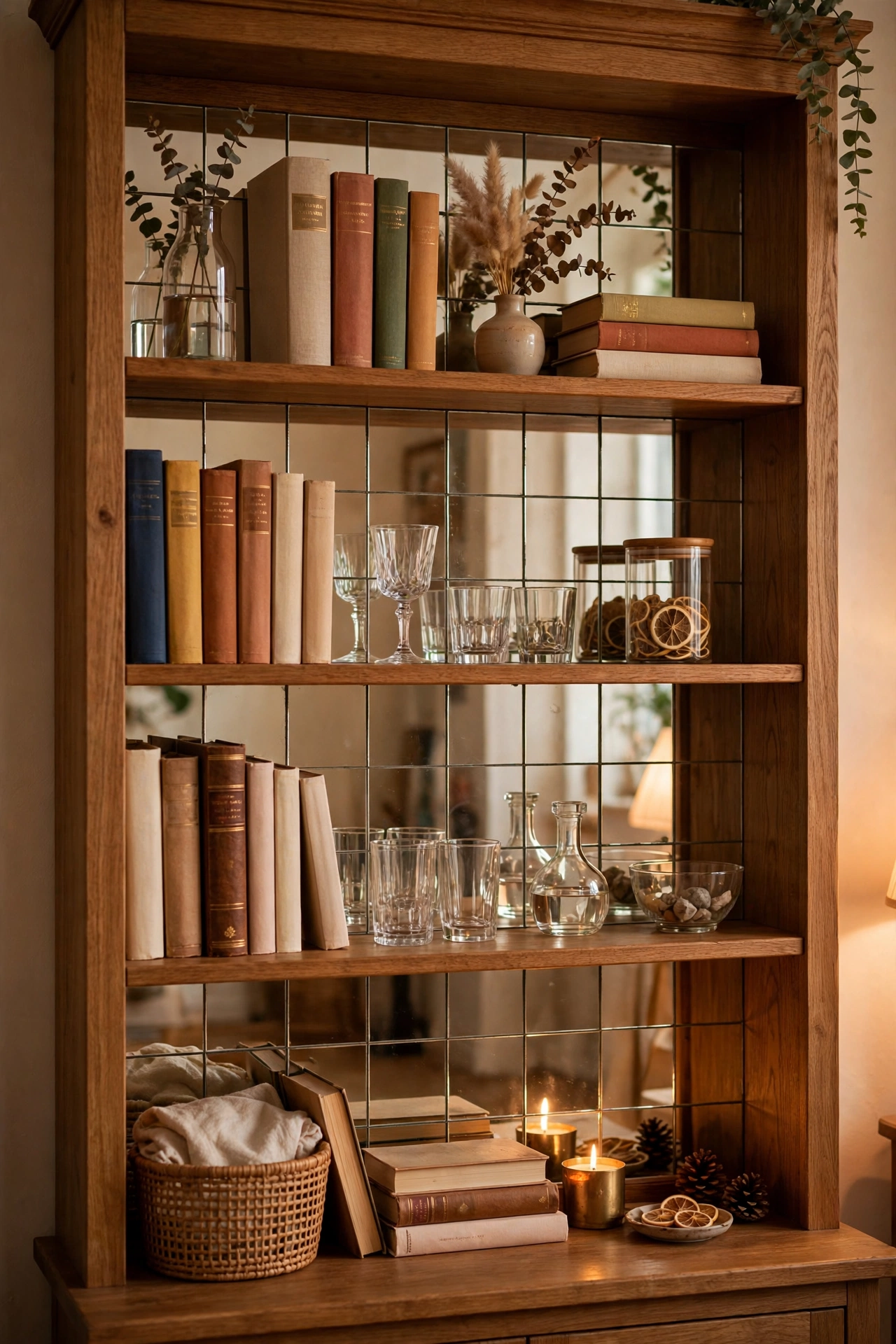 Bookshelf with mirror tiles lining the back panels