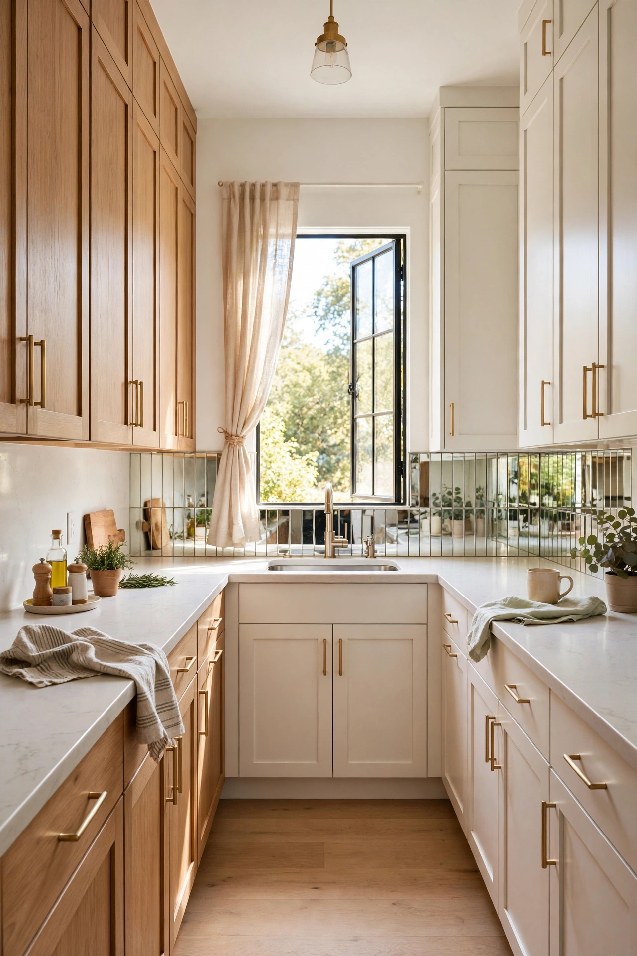 Kitchen backsplash strip of mirror tiles behind a sink