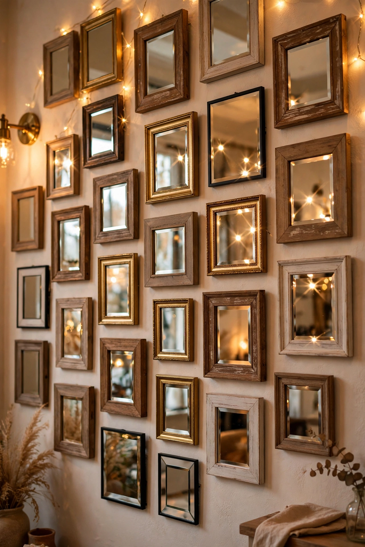 Gallery wall of photo frames holding small mirrors