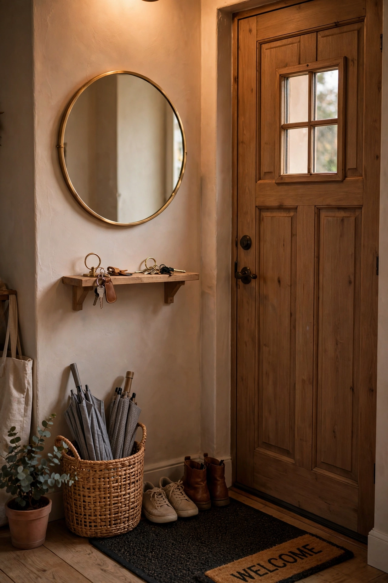 Round entryway mirror with a small key shelf beneath