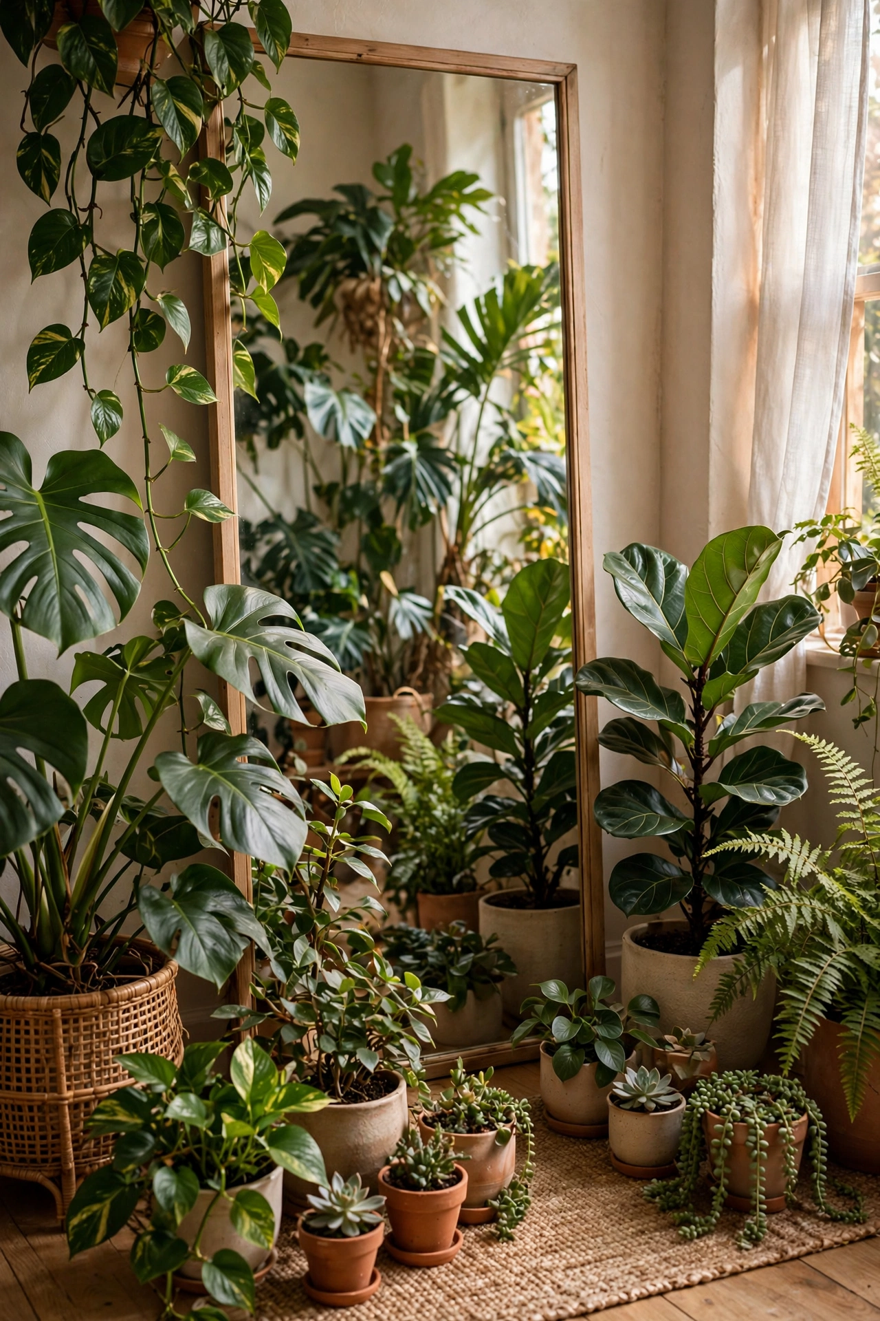 Tall mirror behind a lush group of houseplants