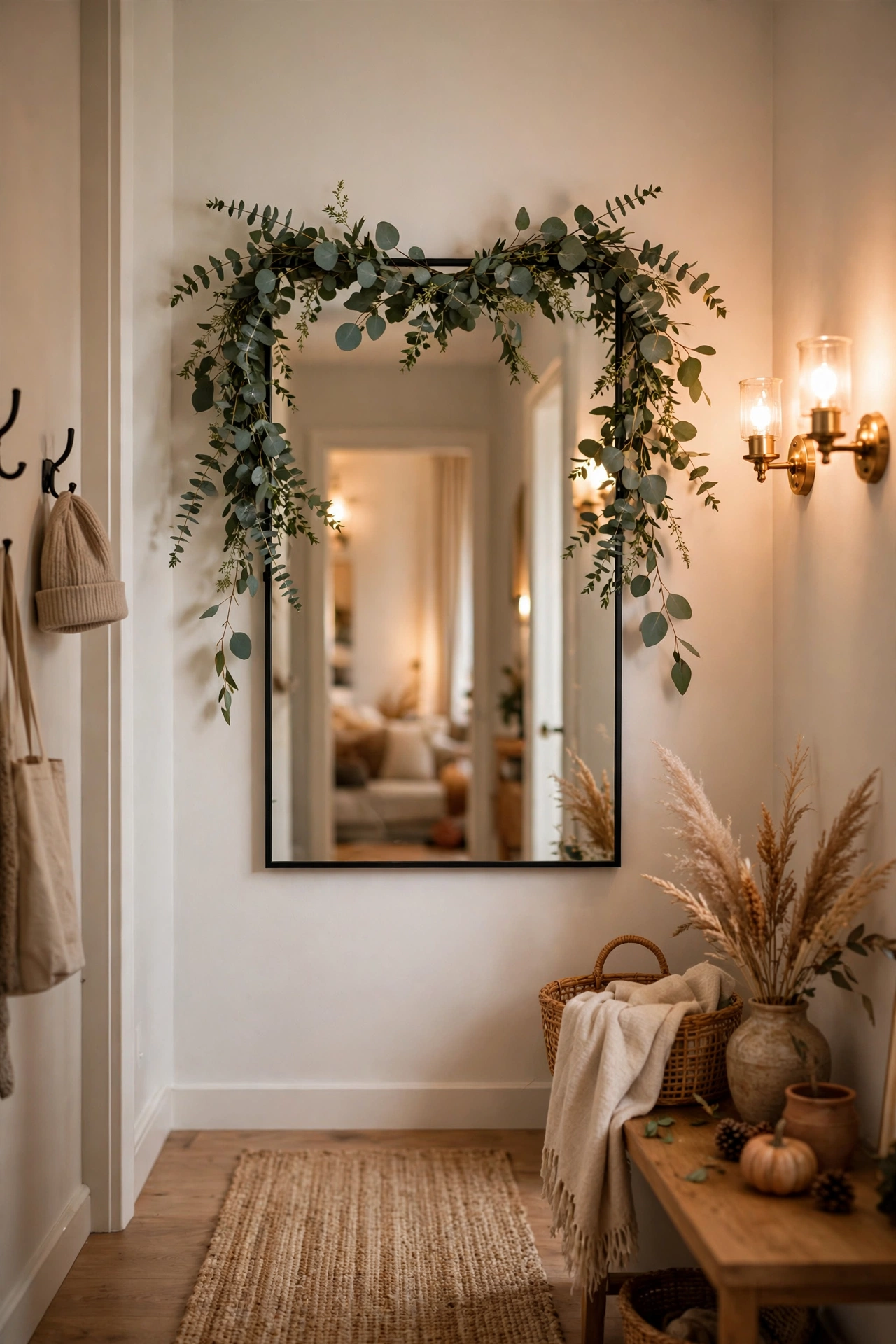 Wall mirror with a eucalyptus garland draped over the top