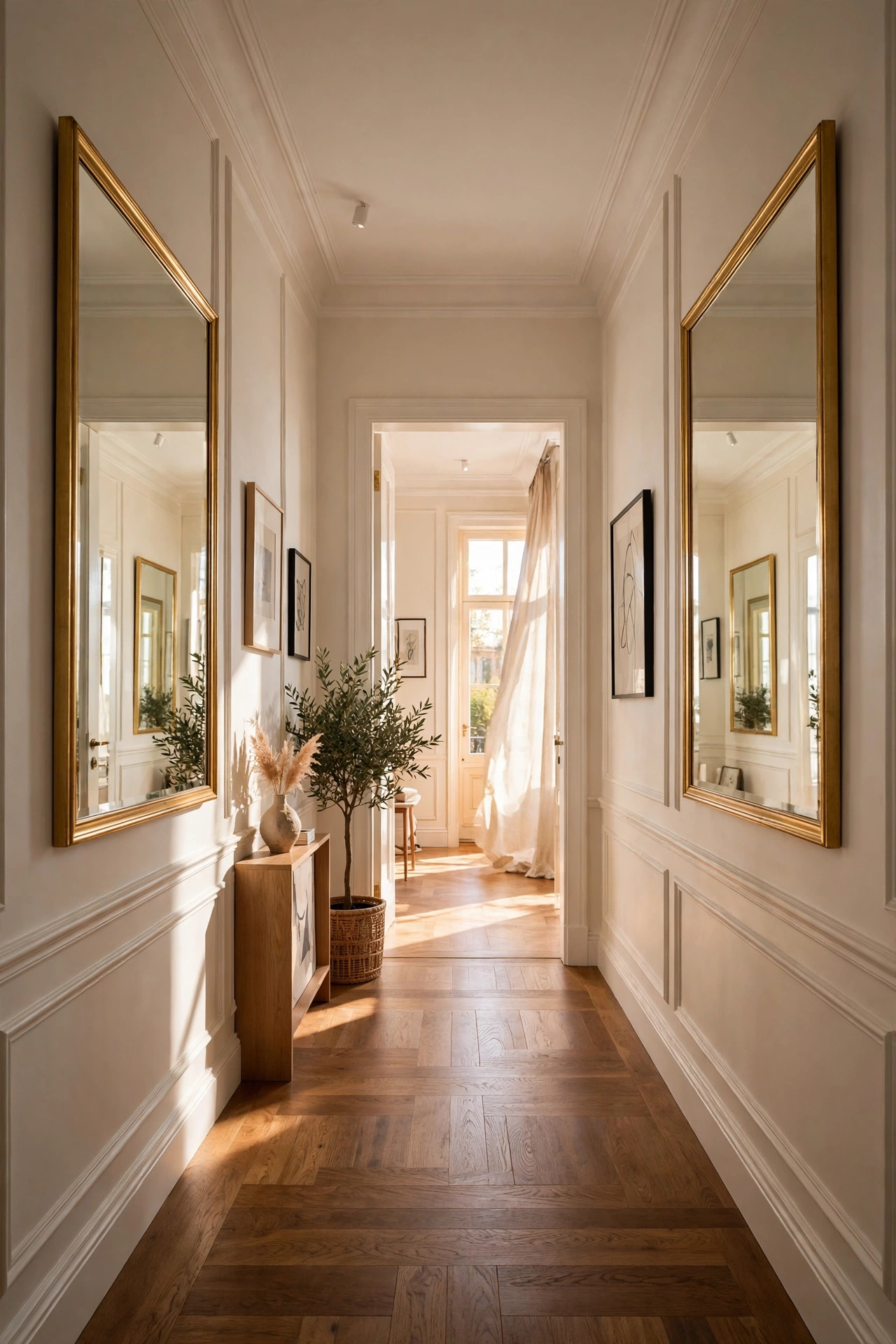 Two identical mirrors facing each other in a hallway