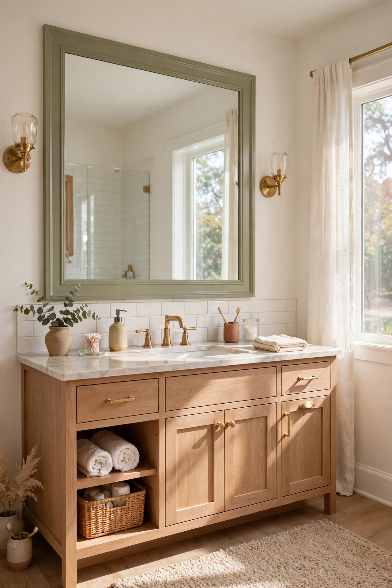 Bathroom mirror framed with painted trim molding