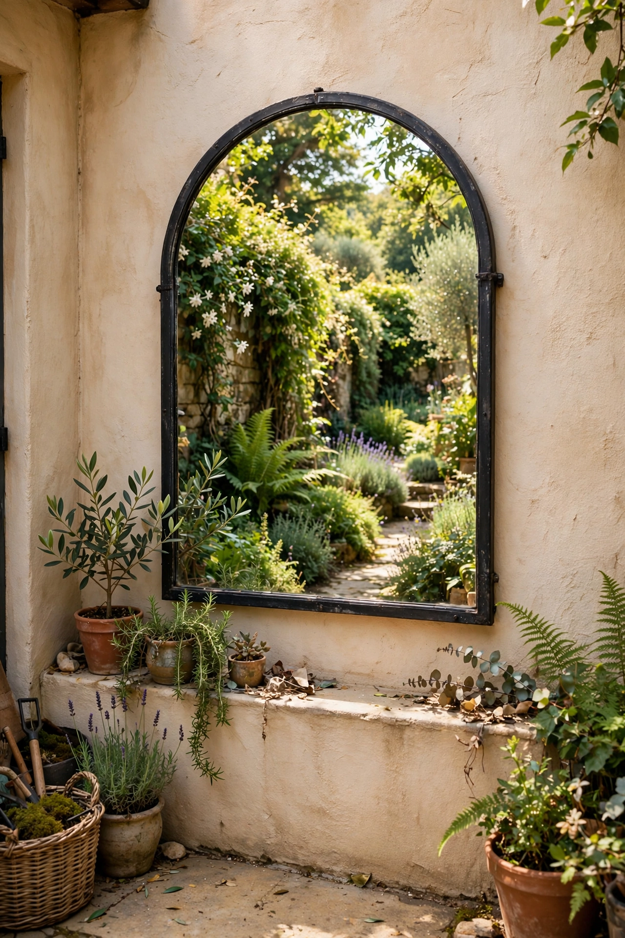 Arched garden mirror on a patio wall reflecting plants