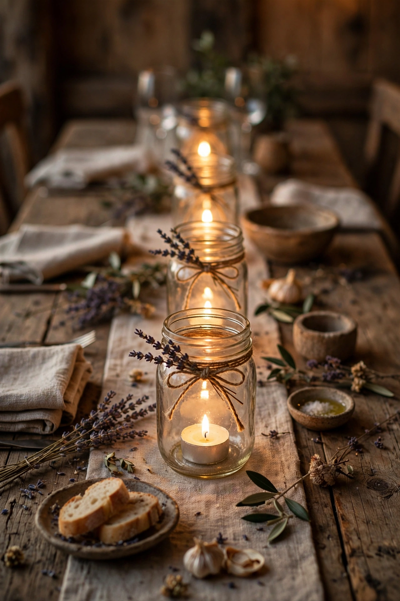 Mason jar candle holders with twine and lavender on a dining table