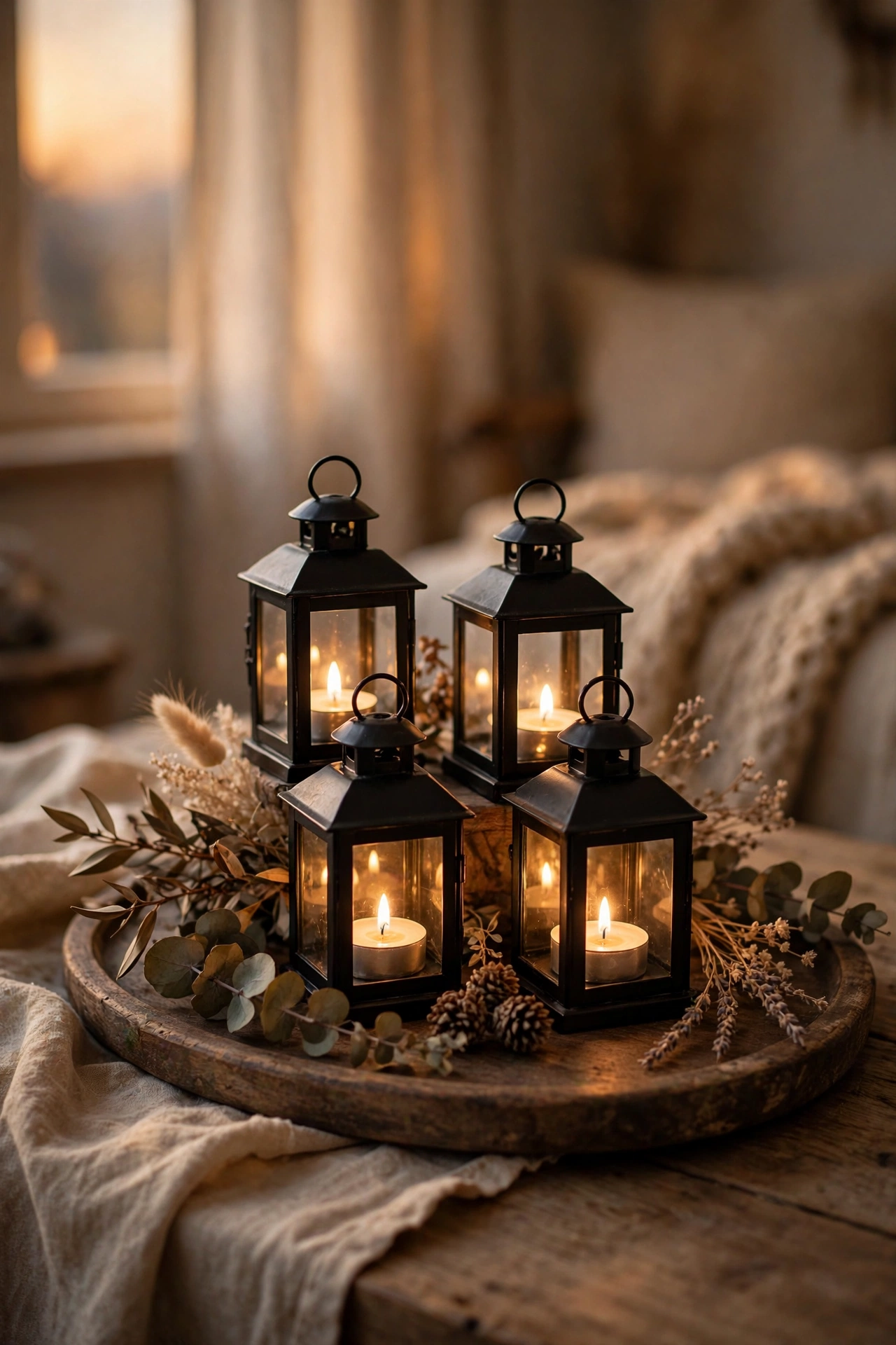 Small black metal and glass tea light lanterns