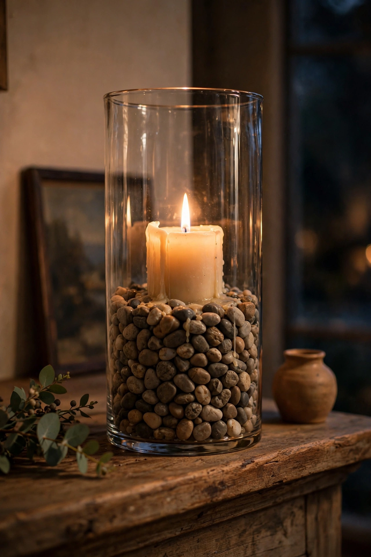 Tall glass cylinder hurricane with pebbles and a pillar candle