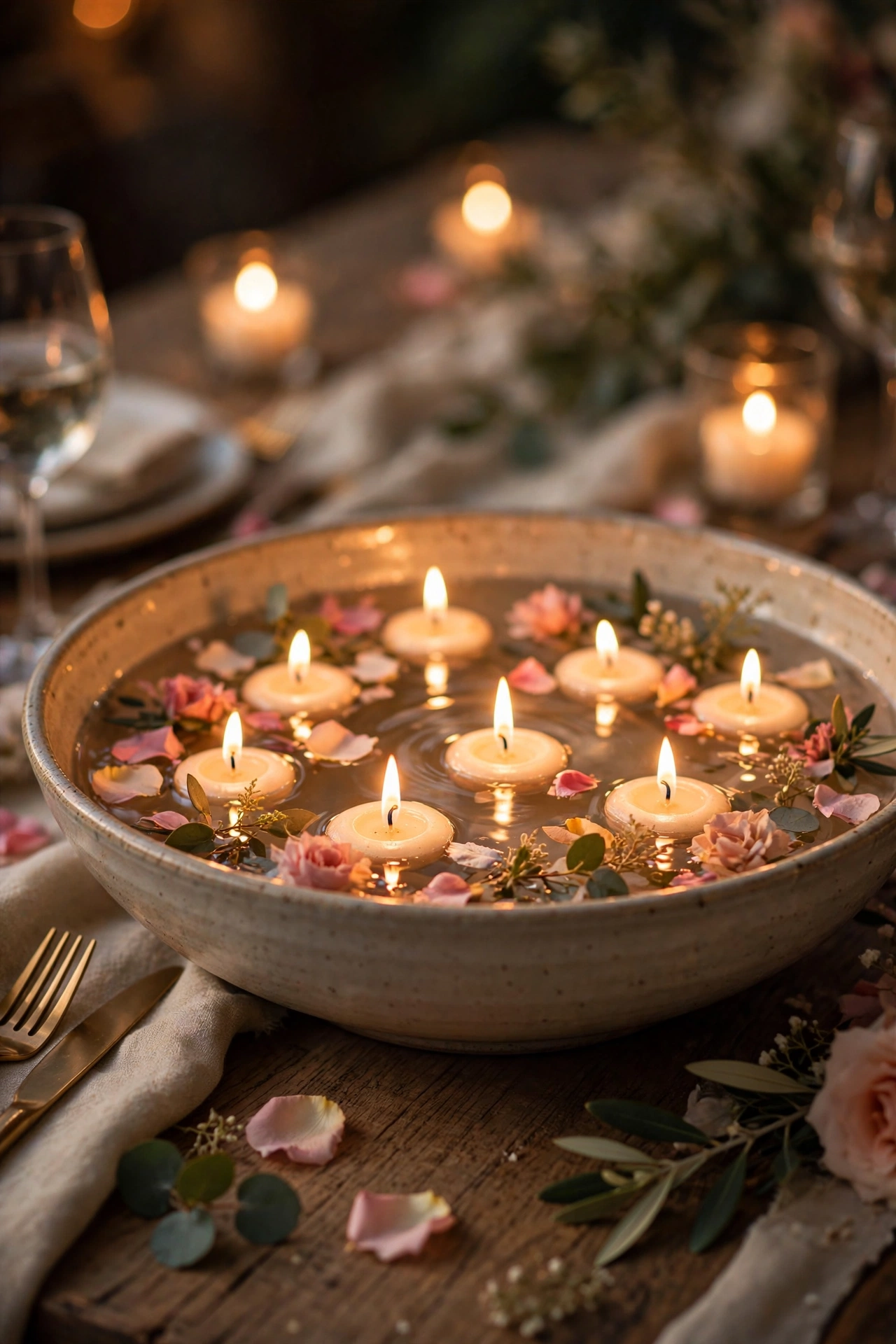 Floating candles in a wide bowl of water with flower petals