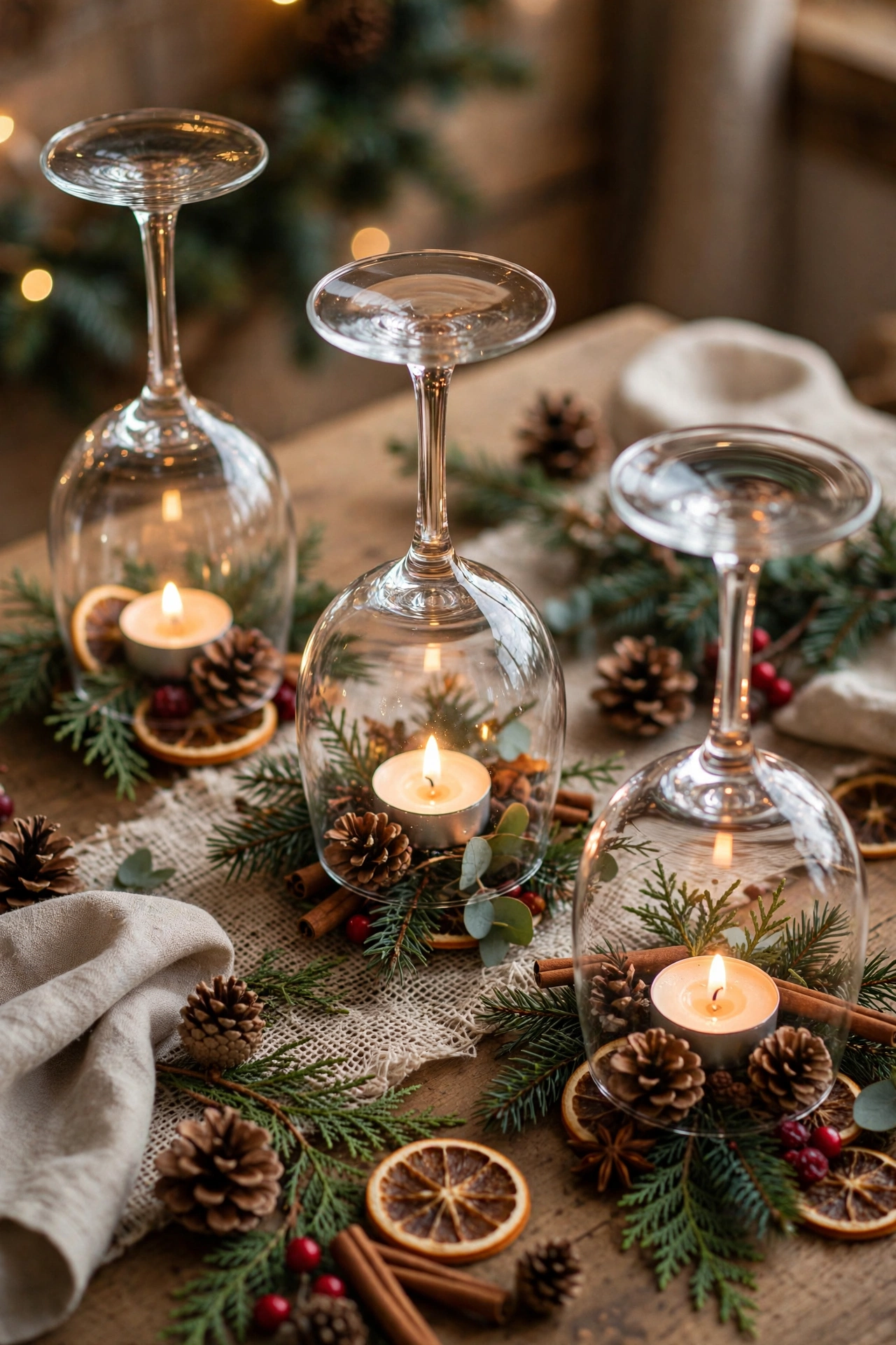 Inverted wine glass candle holders with pinecones underneath