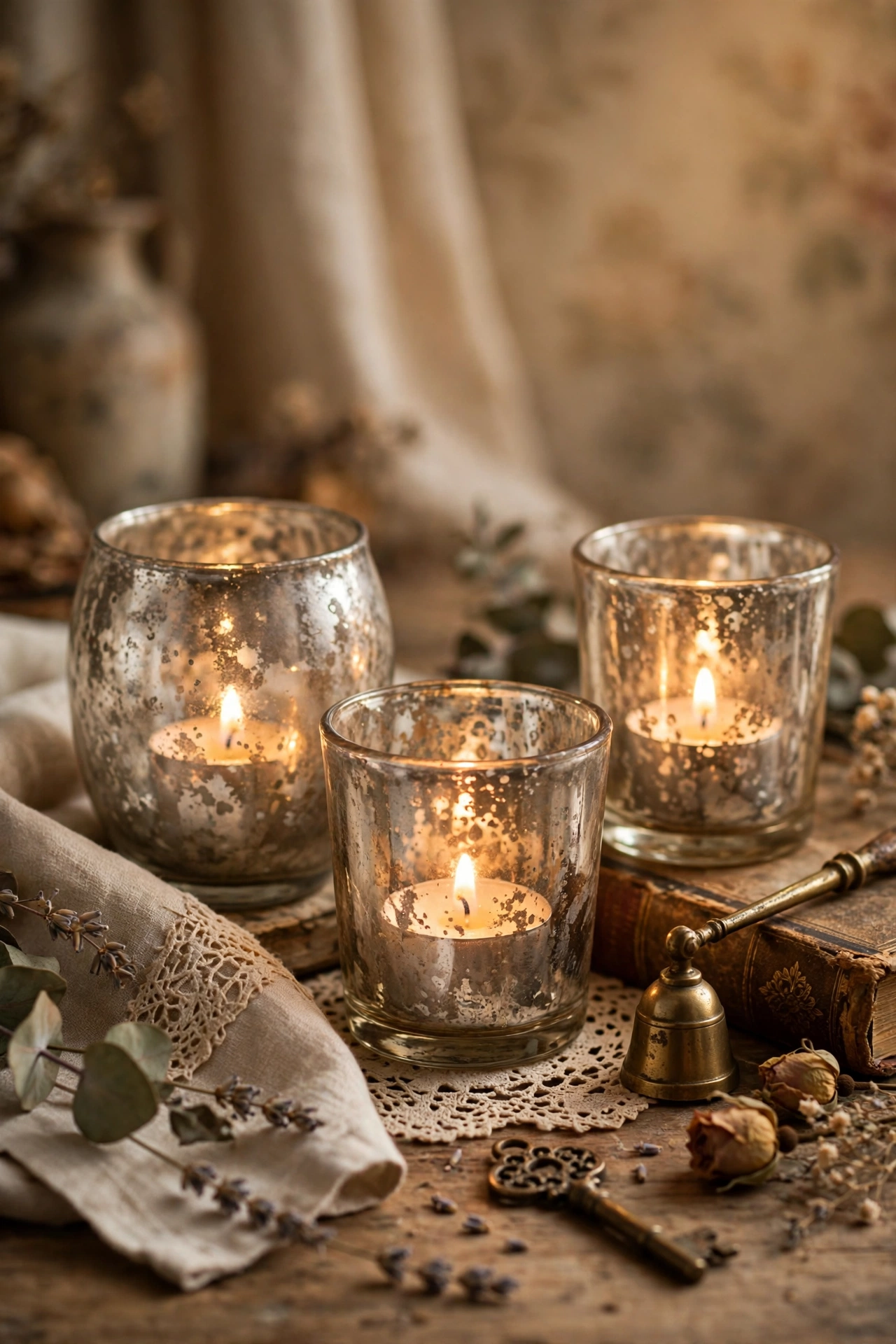 Votive holders with a mercury-glass antique finish