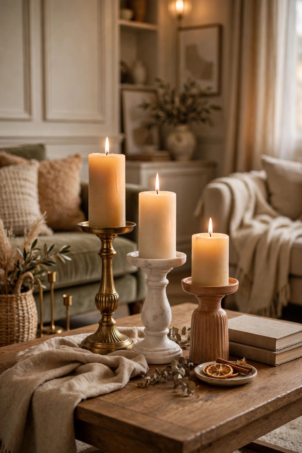 Pillar candles on pedestal stands of varying heights