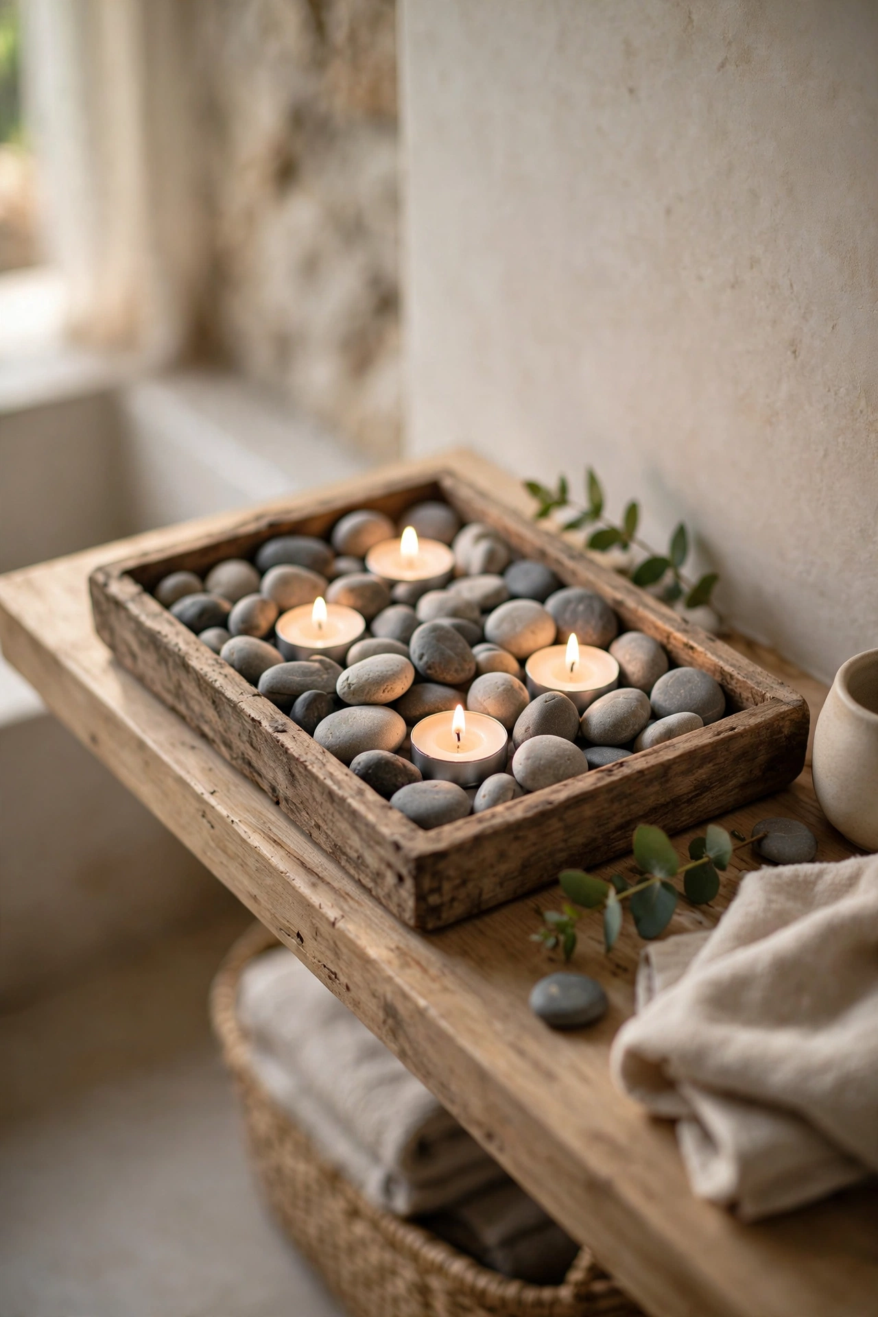 Shallow tray of smooth pebbles with nestled tea lights