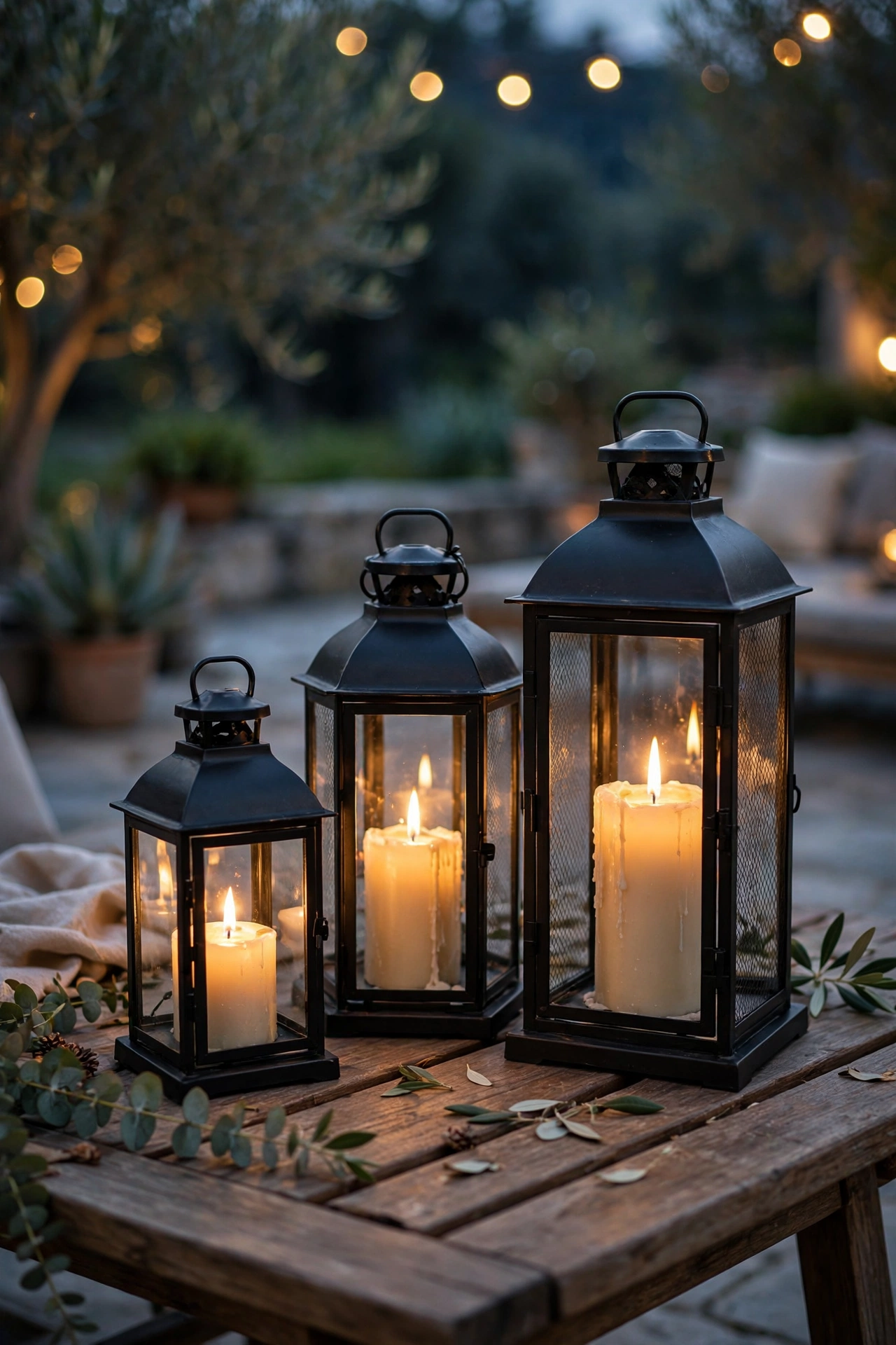 Set of black metal lanterns in graduating sizes