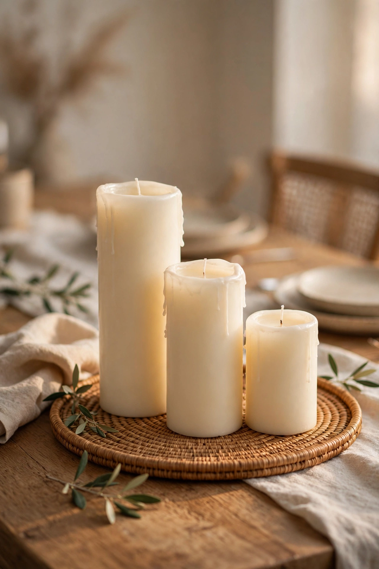 Trio of ivory pillar candles at different heights on a tray