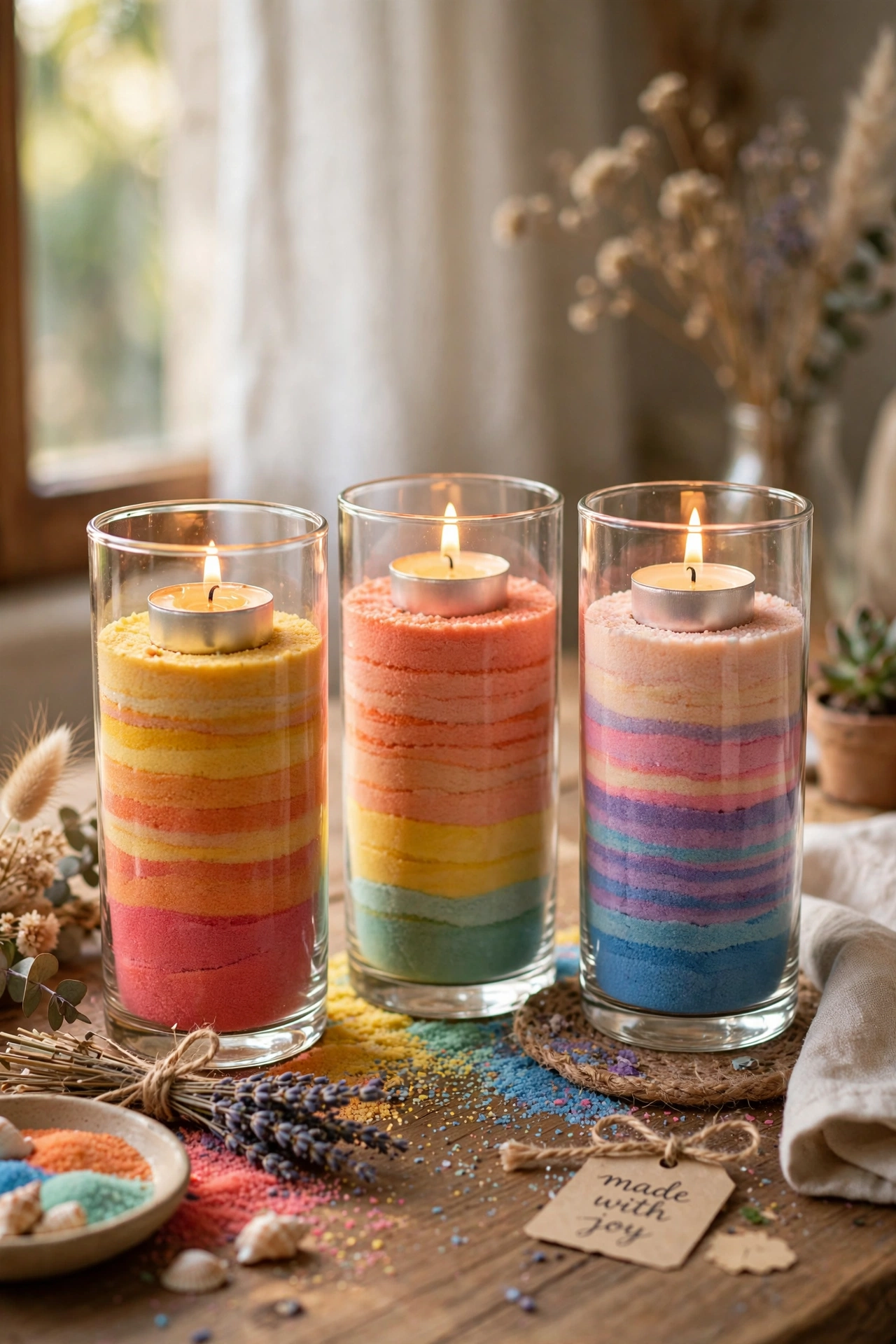 Glass holders with layered coloured sand and tea lights