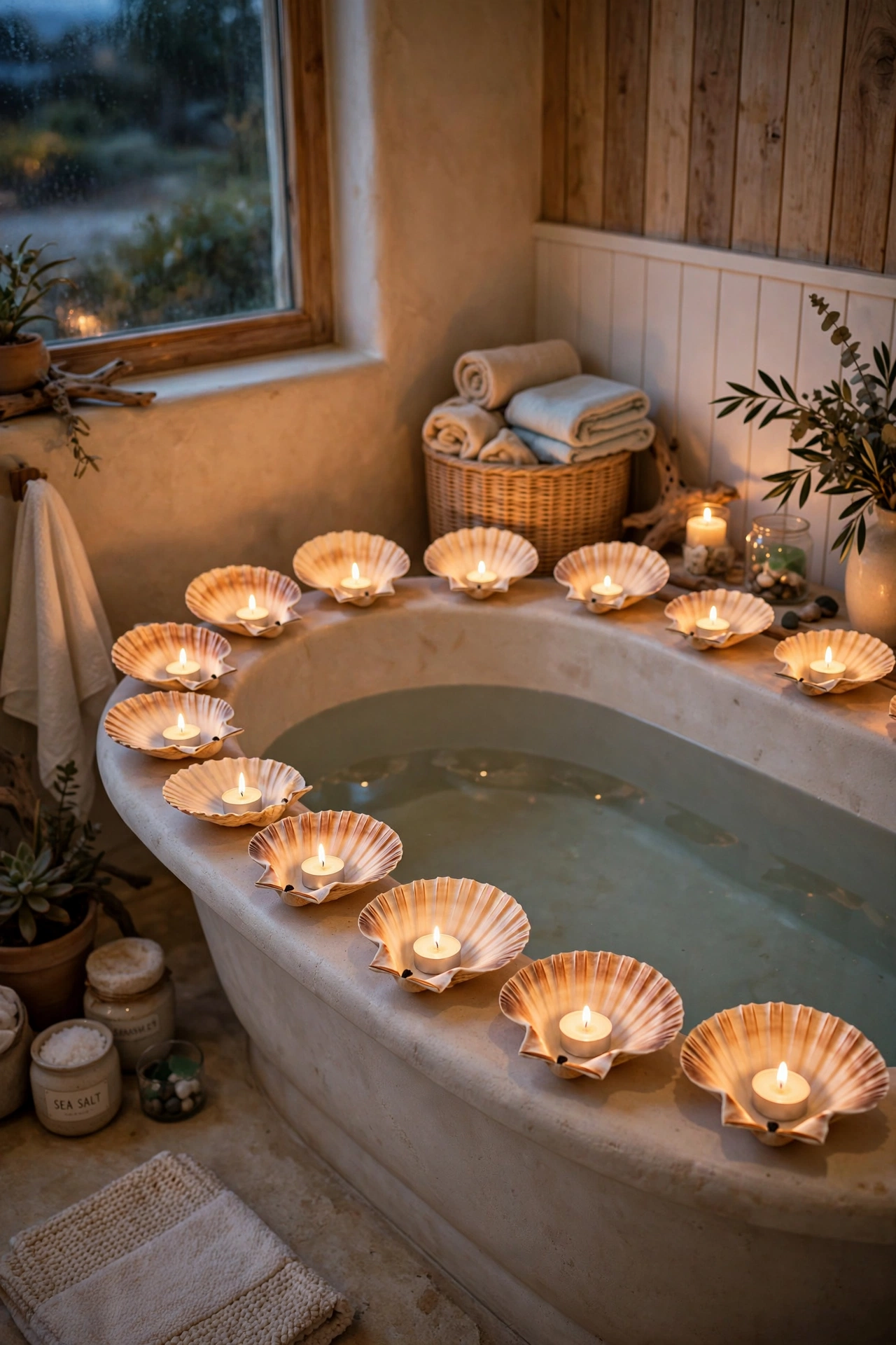Scallop shells holding tea lights around a bath