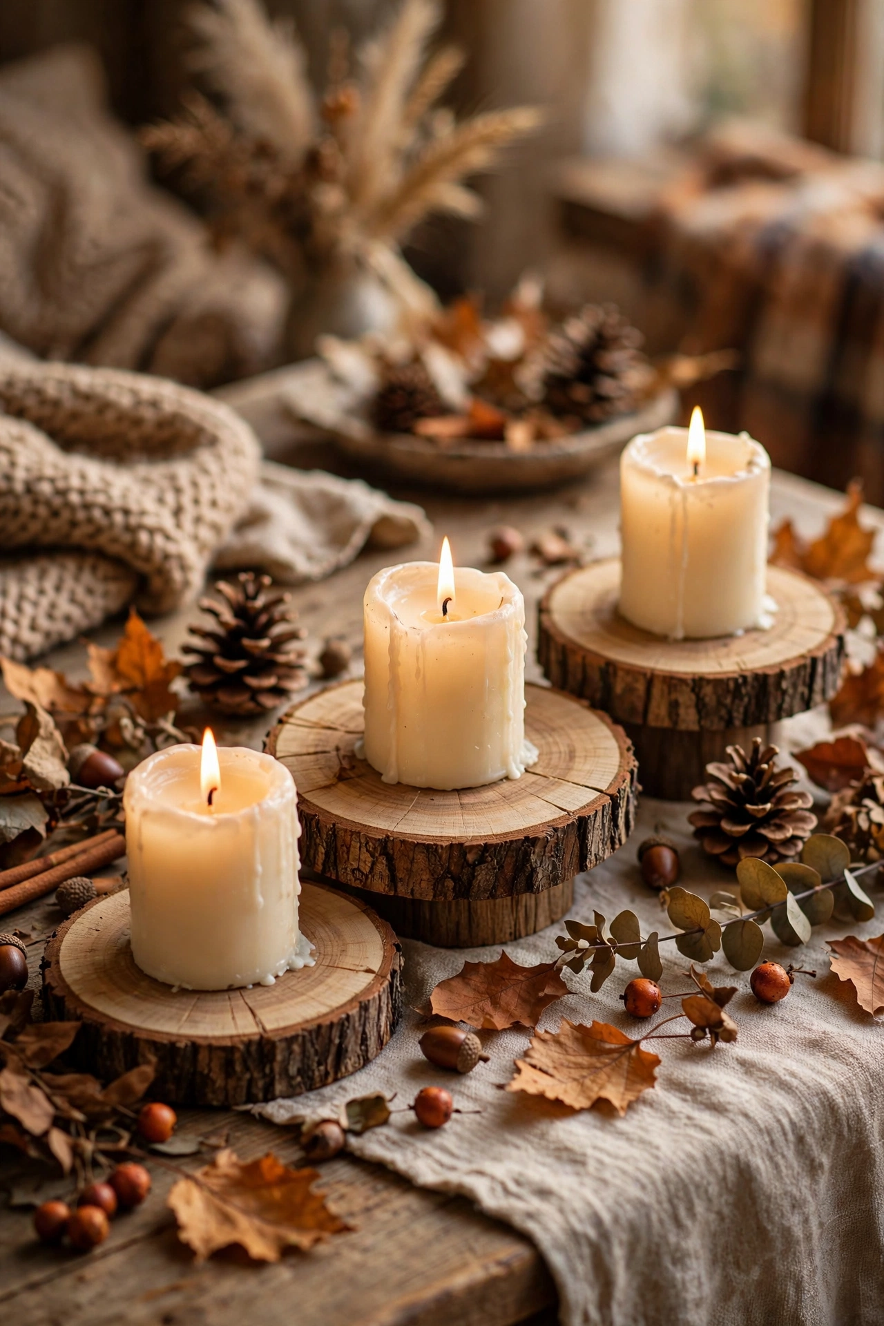 Wooden log slices as bases under candles on an autumn table