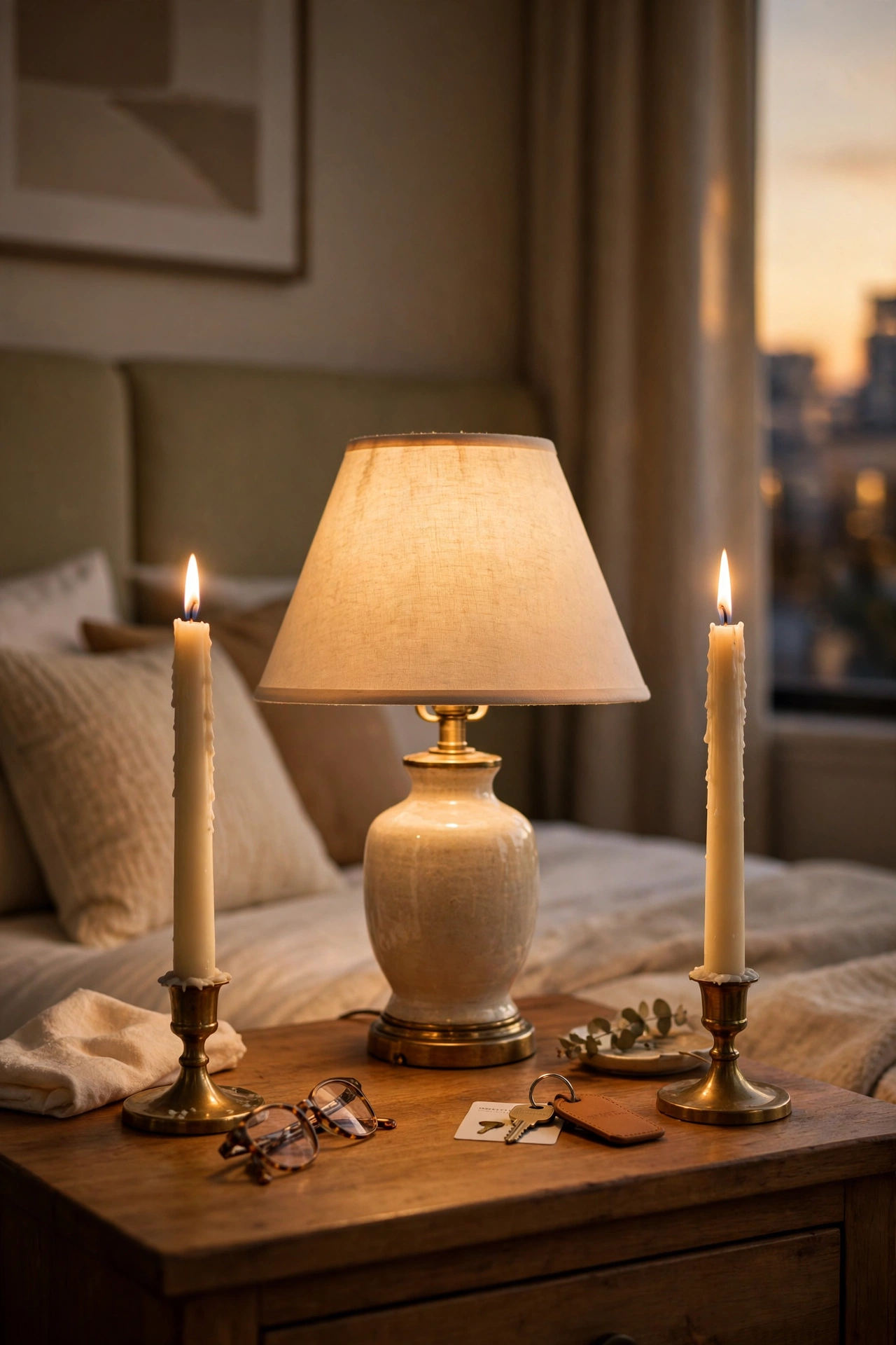 Pair of taper candles flanking a bedside lamp