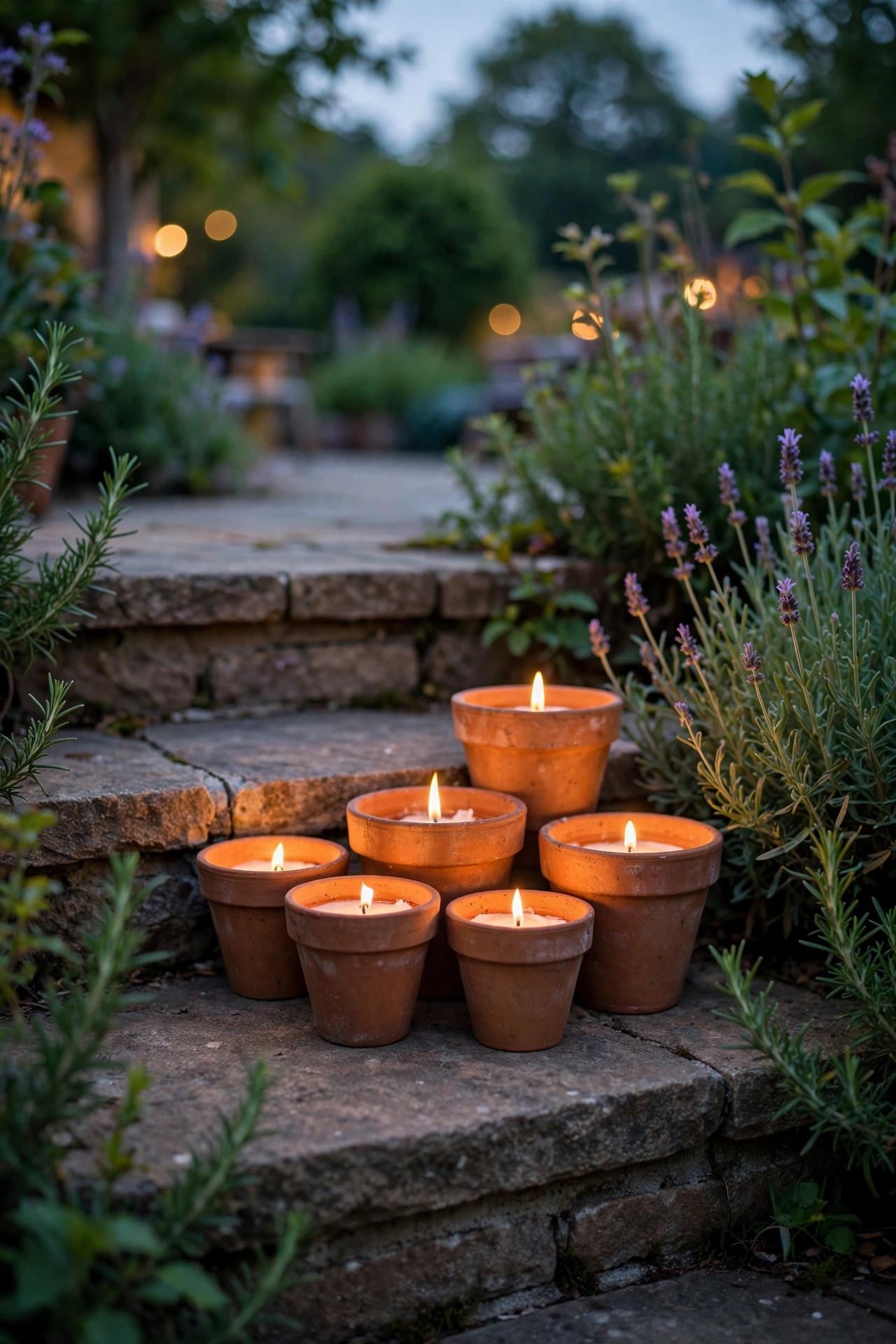 Terracotta-look pots with citronella candles on patio steps