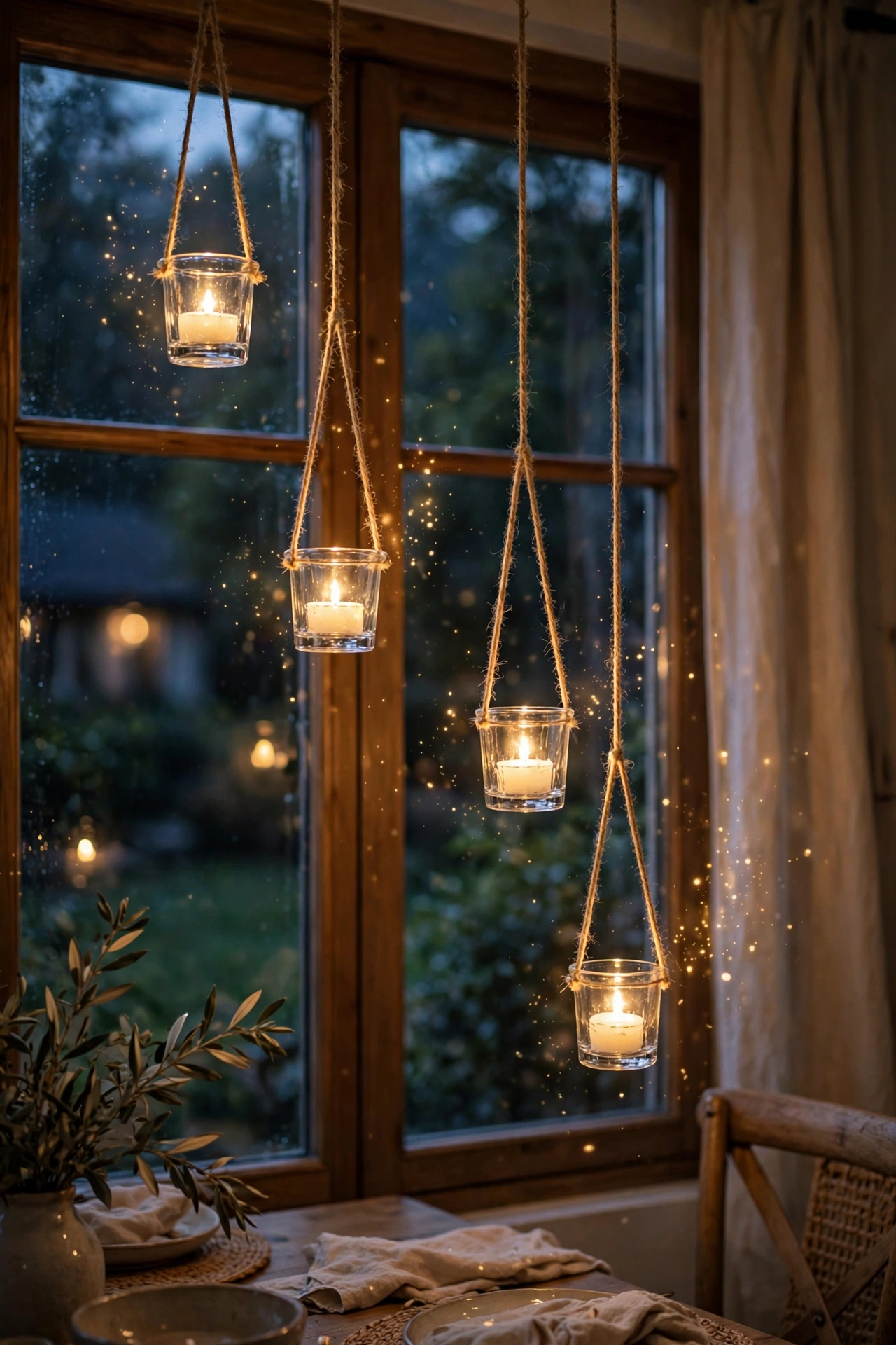 Glass votives hanging at different heights in a window