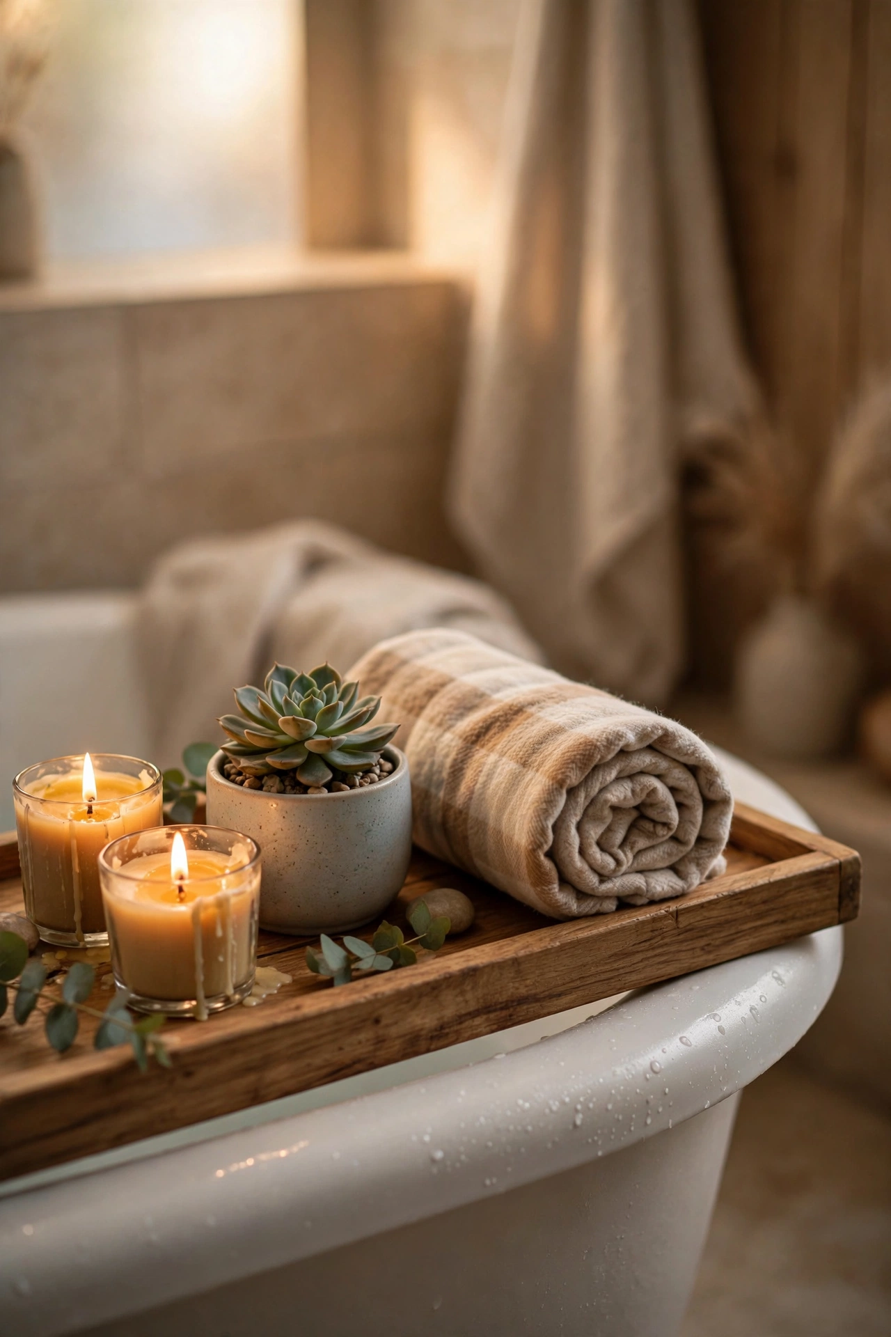 Bathroom spa set with tray candles plant and rolled flannel