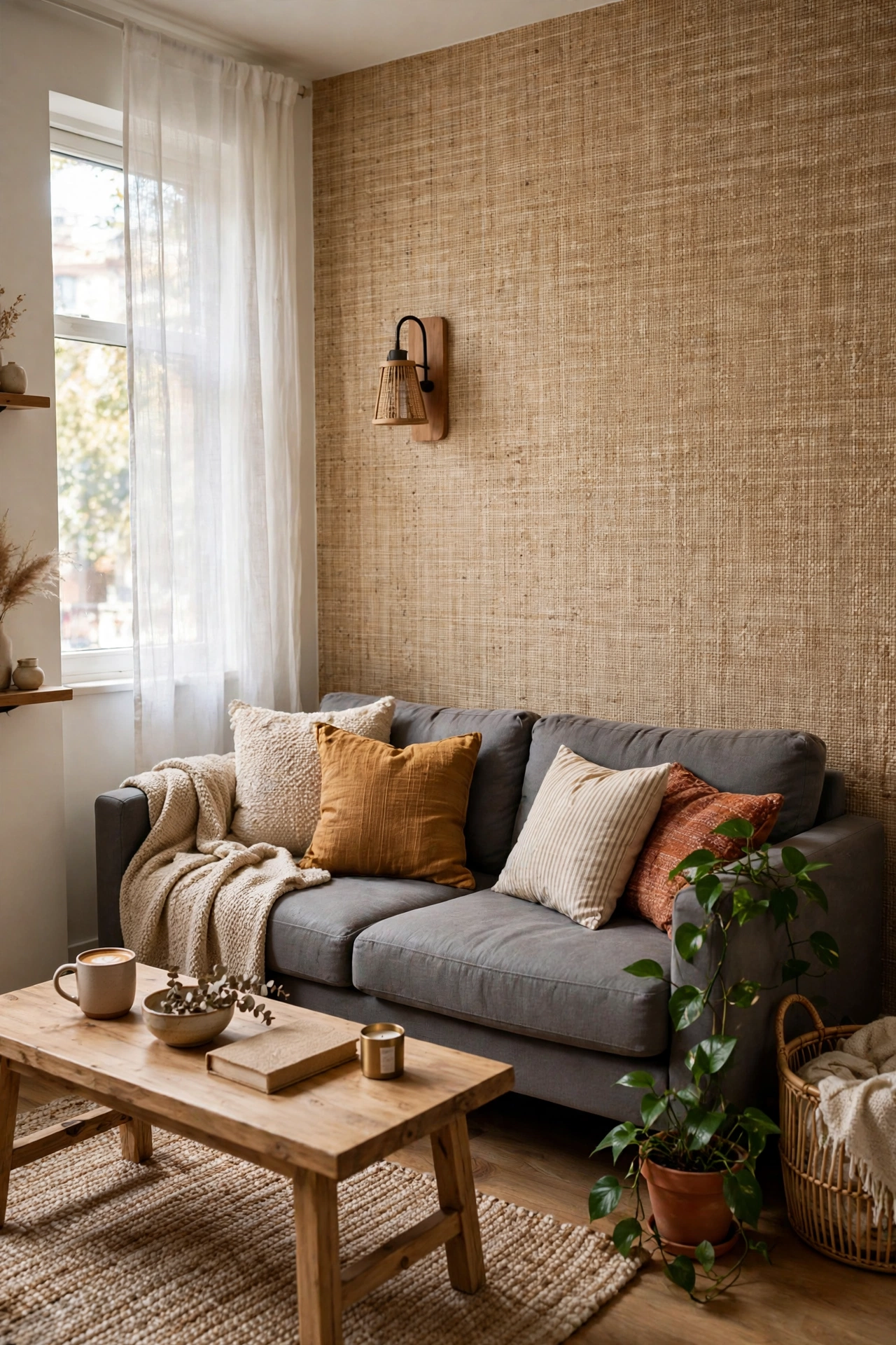 Renter-friendly apartment living room idea: peel-and-stick grasscloth accent wall behind a sofa