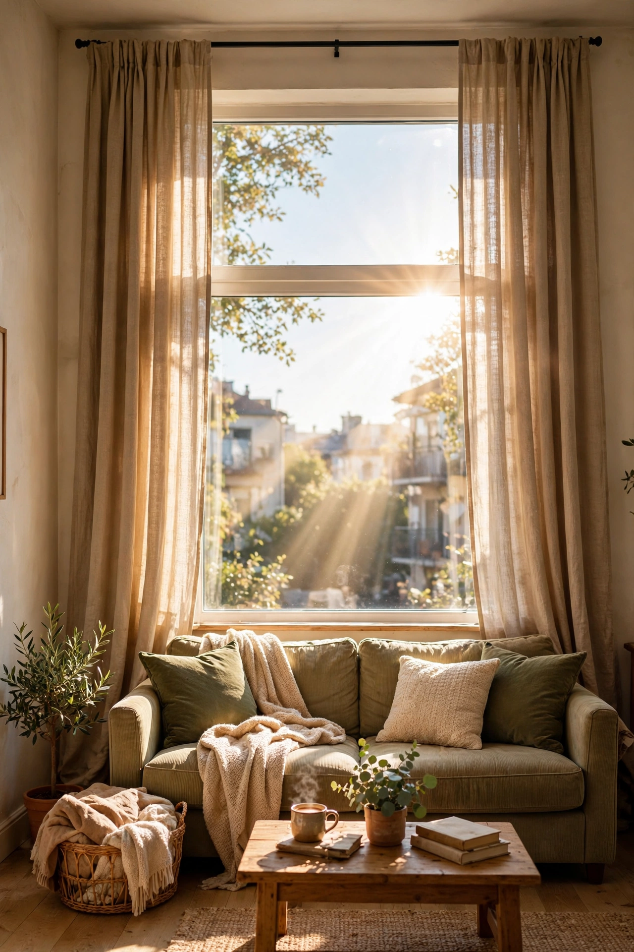 Apartment living room idea: curtains hung high and wide making a small window look bigger