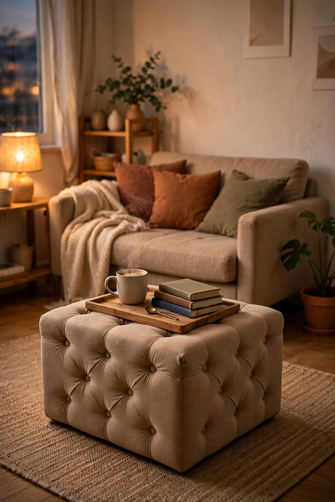 Small apartment living room idea: storage ottoman used as coffee table with a tray