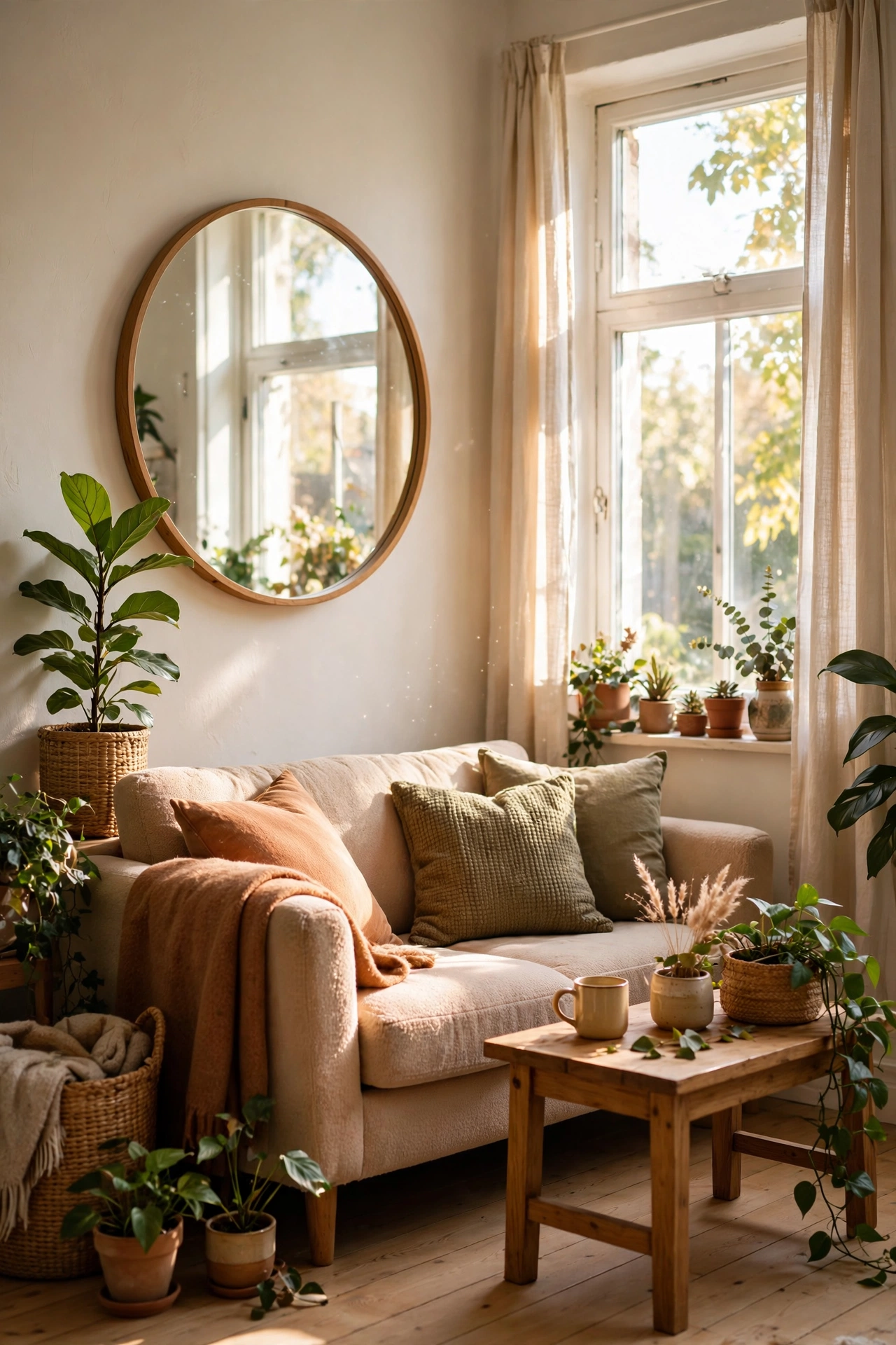 Apartment living room idea: large round mirror opposite the window doubling the light