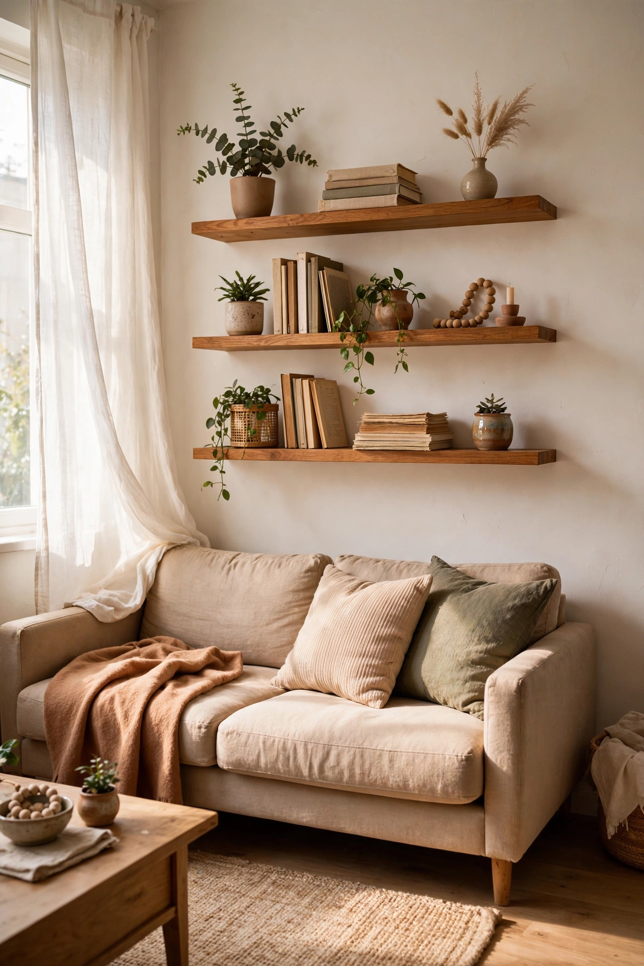 Small living room idea: floating shelves above a sofa replacing a bulky bookcase