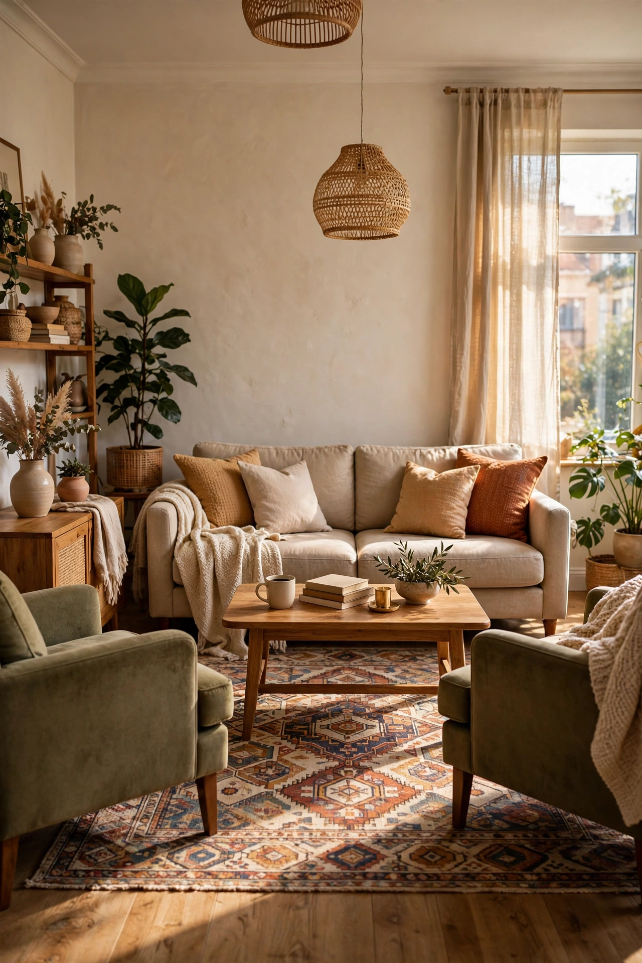 Apartment living room idea: correctly sized 5x7 rug under the front legs of the sofa