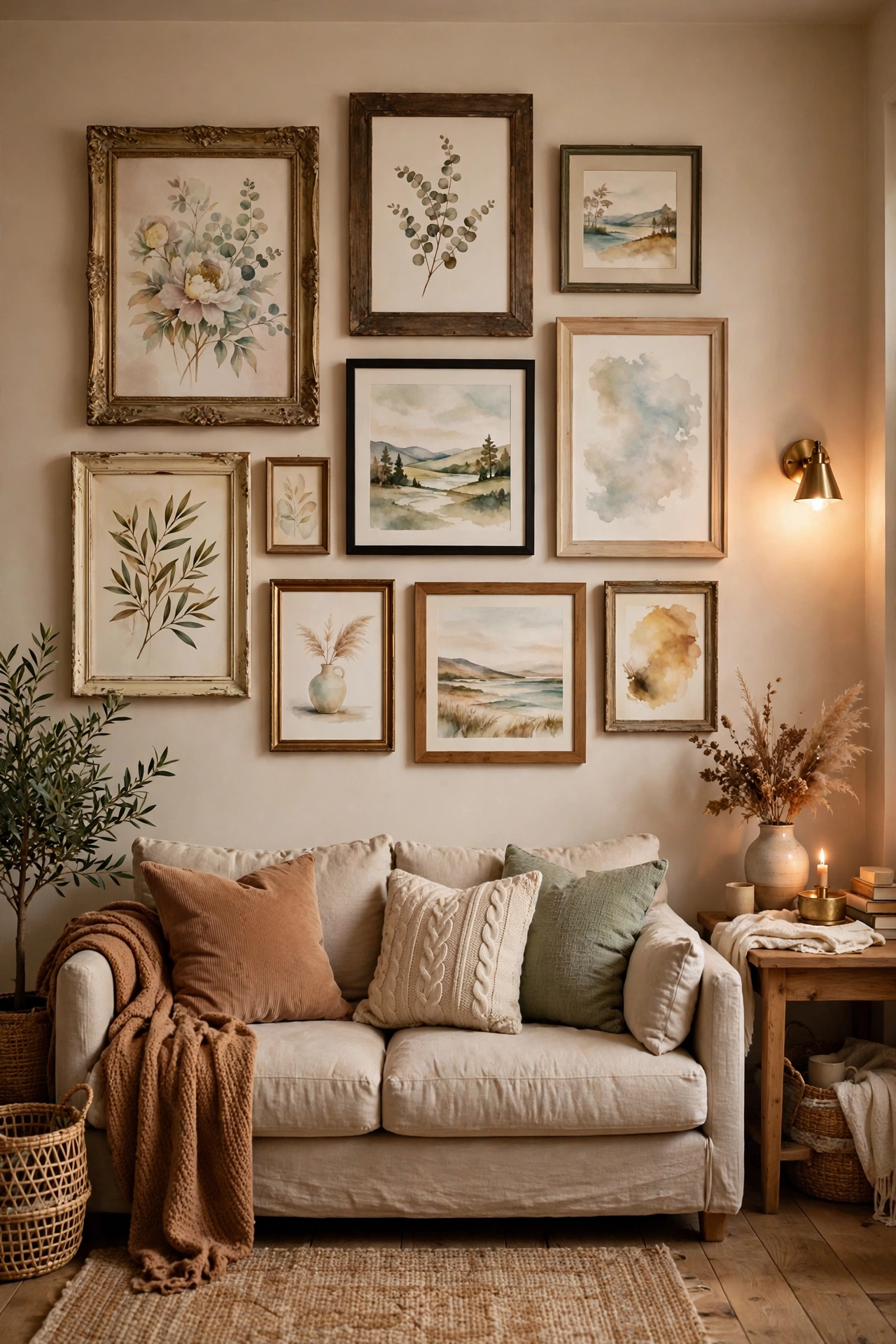 Renter-friendly gallery wall hung with command strips in an apartment living room