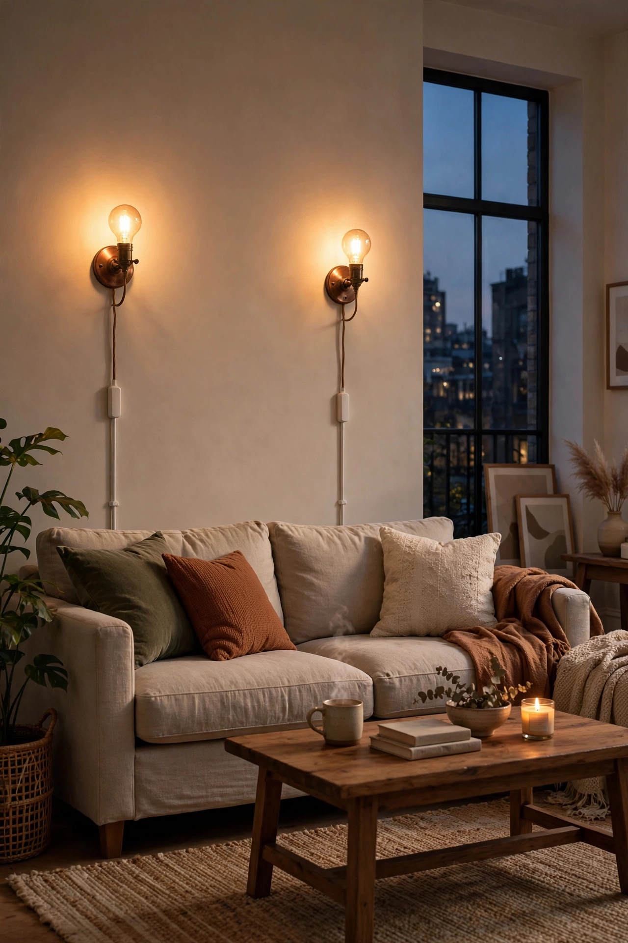 Apartment living room idea: plug-in wall sconces flanking a sofa for warm light