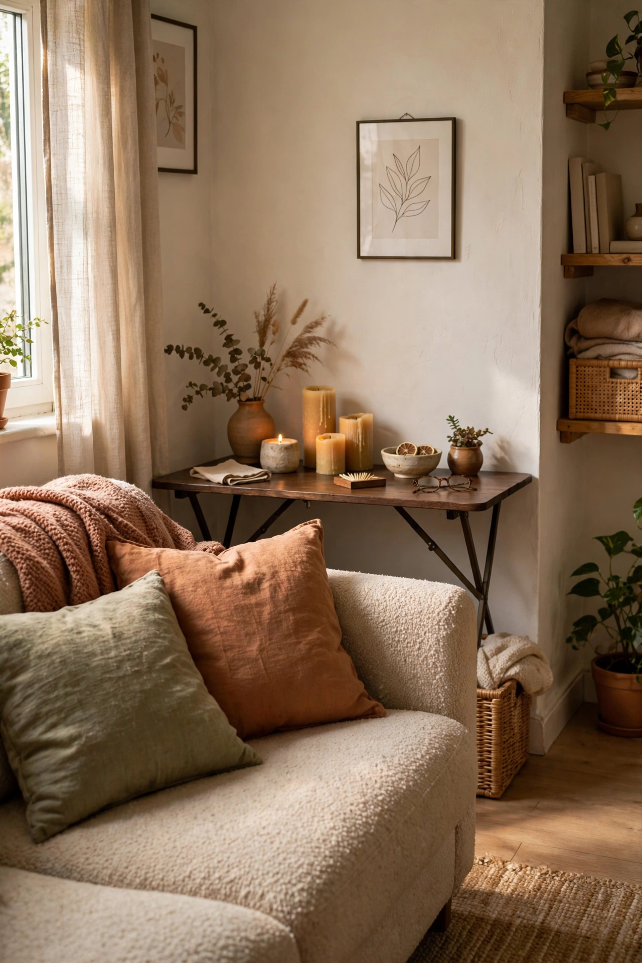 Small apartment idea: folding table behind the sofa used as console and dining table