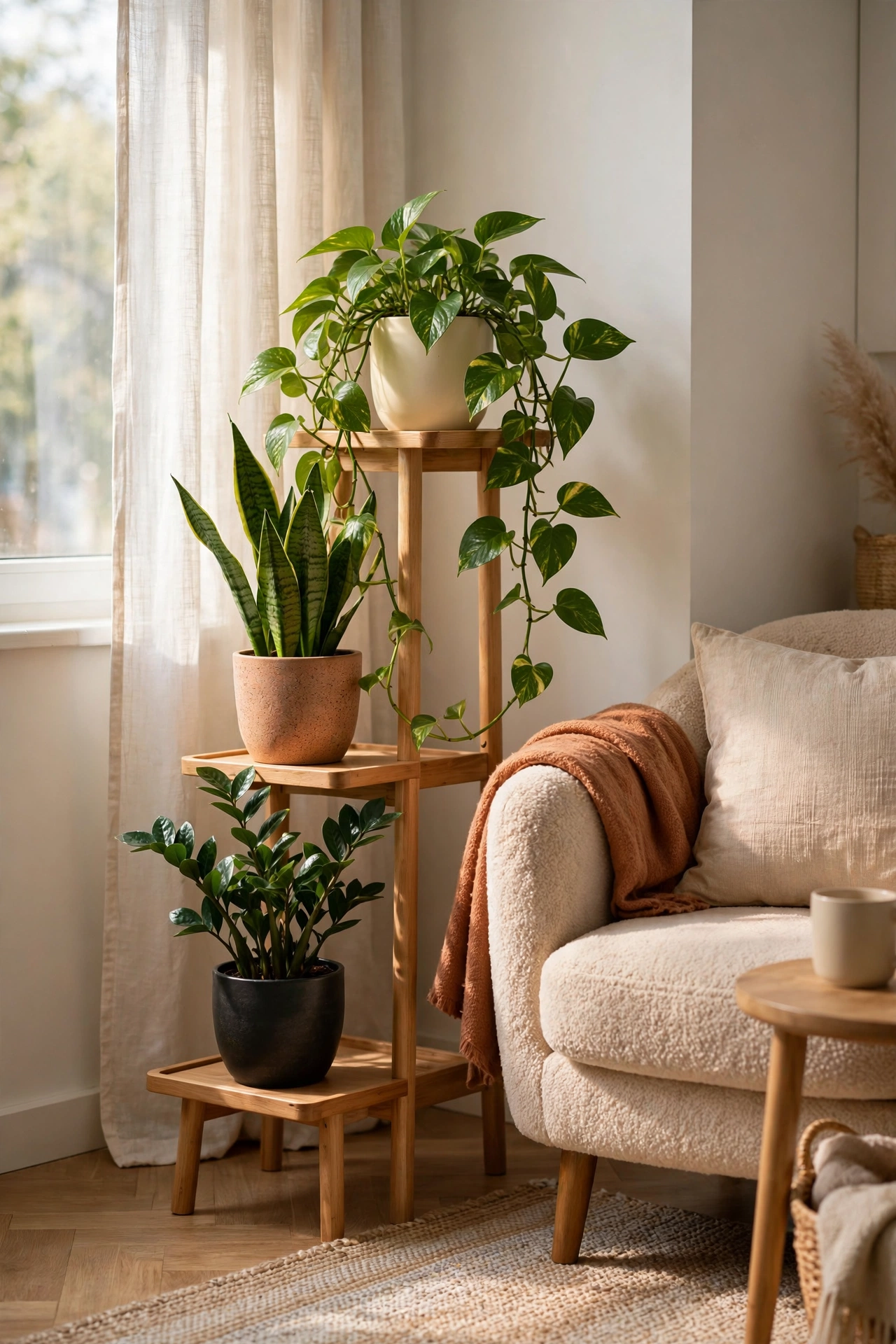 Apartment living room corner with a tiered plant stand full of easy houseplants