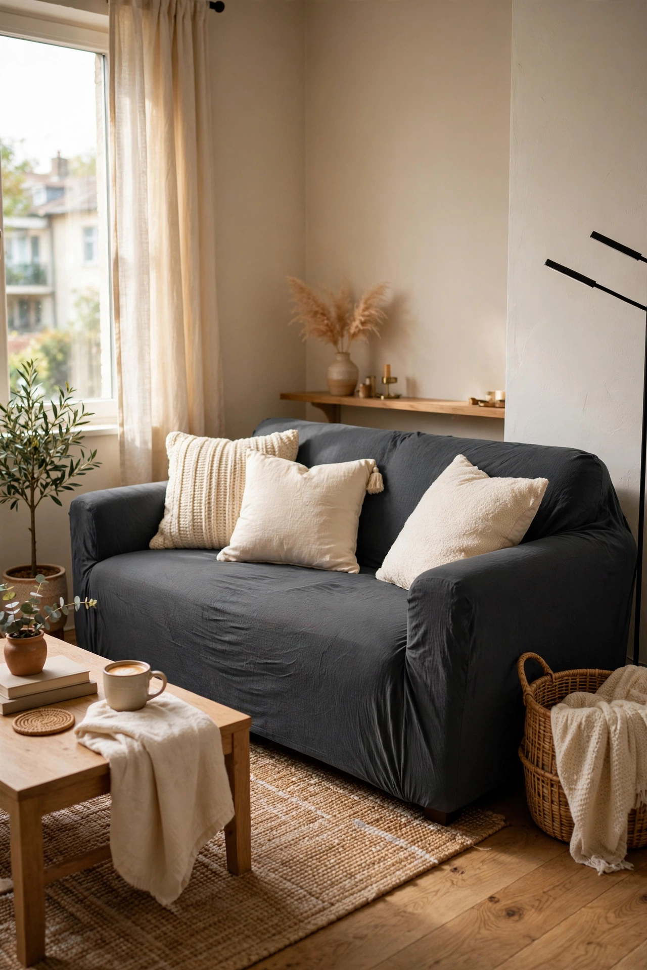 Budget apartment idea: hand-me-down sofa transformed with a charcoal slipcover