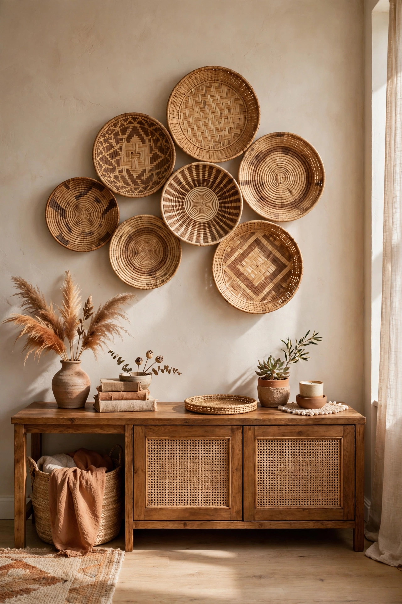 Woven basket wall art cluster in a budget apartment living room