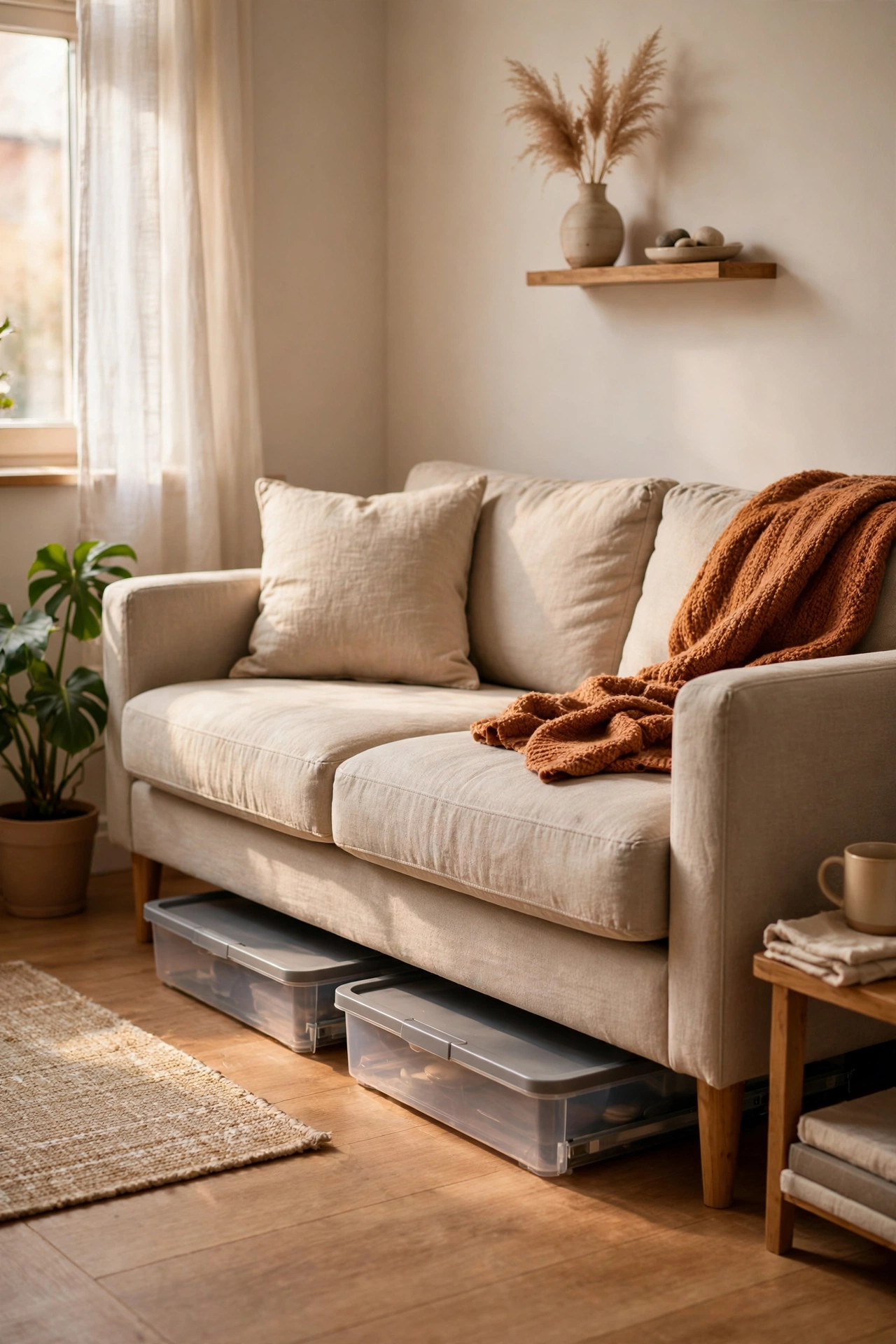 Apartment storage idea: flat bins slid under the sofa for hidden storage
